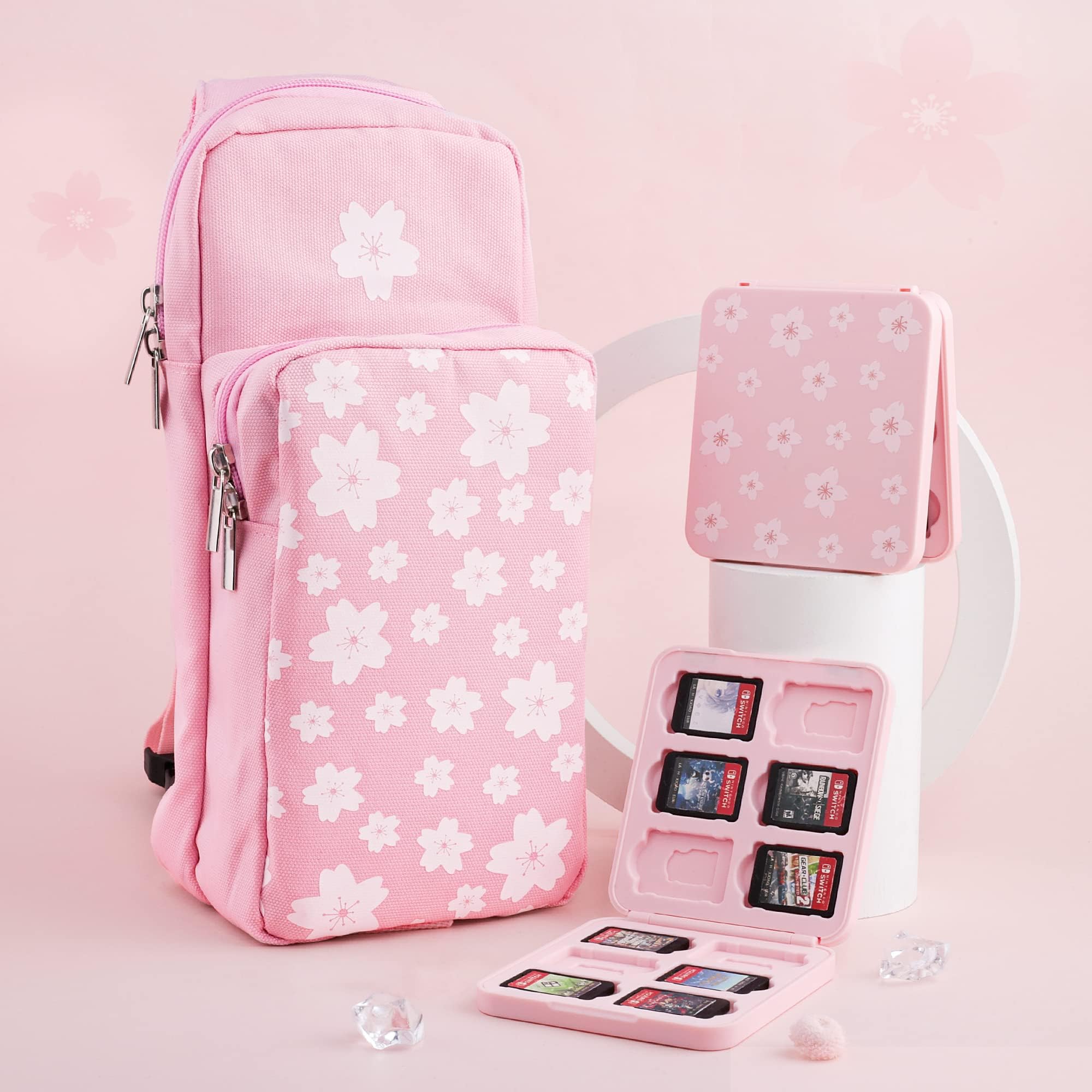 Pink Travel Bag for Nintendo Switch/Lite/OLED - Large Capacity Portable Carrying Case with 12 Game Slots & Thumb Grip Caps - Sakura Design - Perfect for Gaming On The Go, Travel, and Accessories Storage