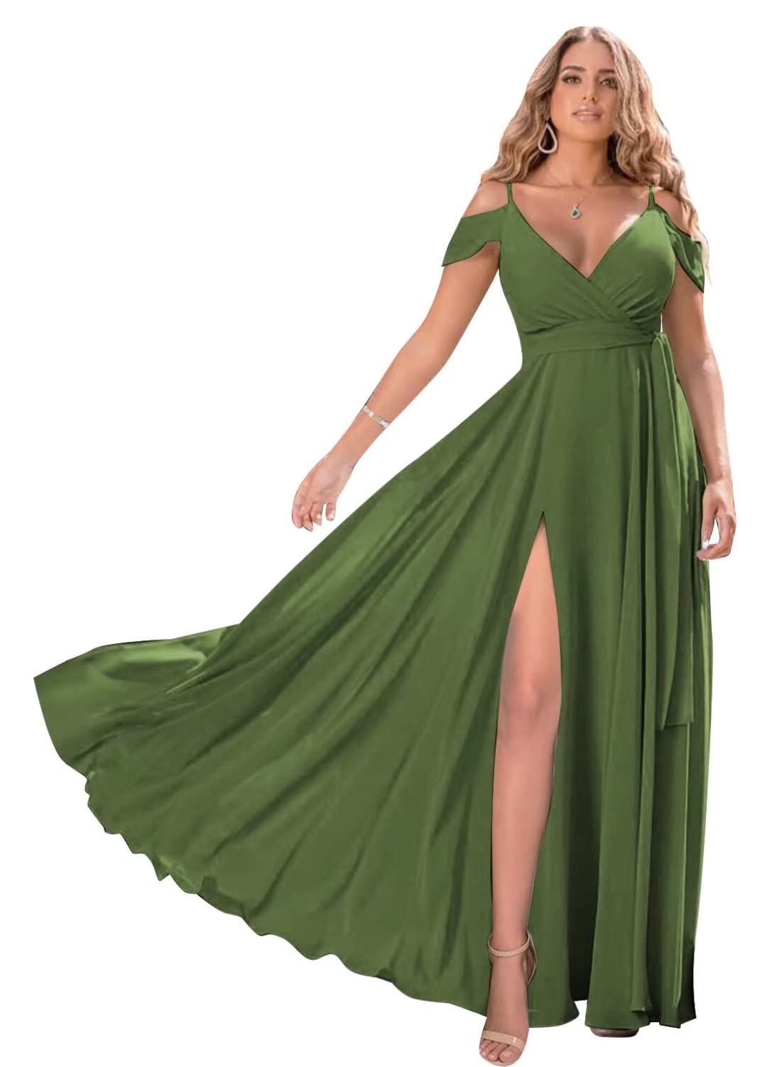 Plus Size Wedding Bridesmaid Dresses Long Olive Green Off The Shoulder Chiffon V-Neck Pleated Formal Evening Gown for Women - Perfect for Weddings, Proms & Special Occasions