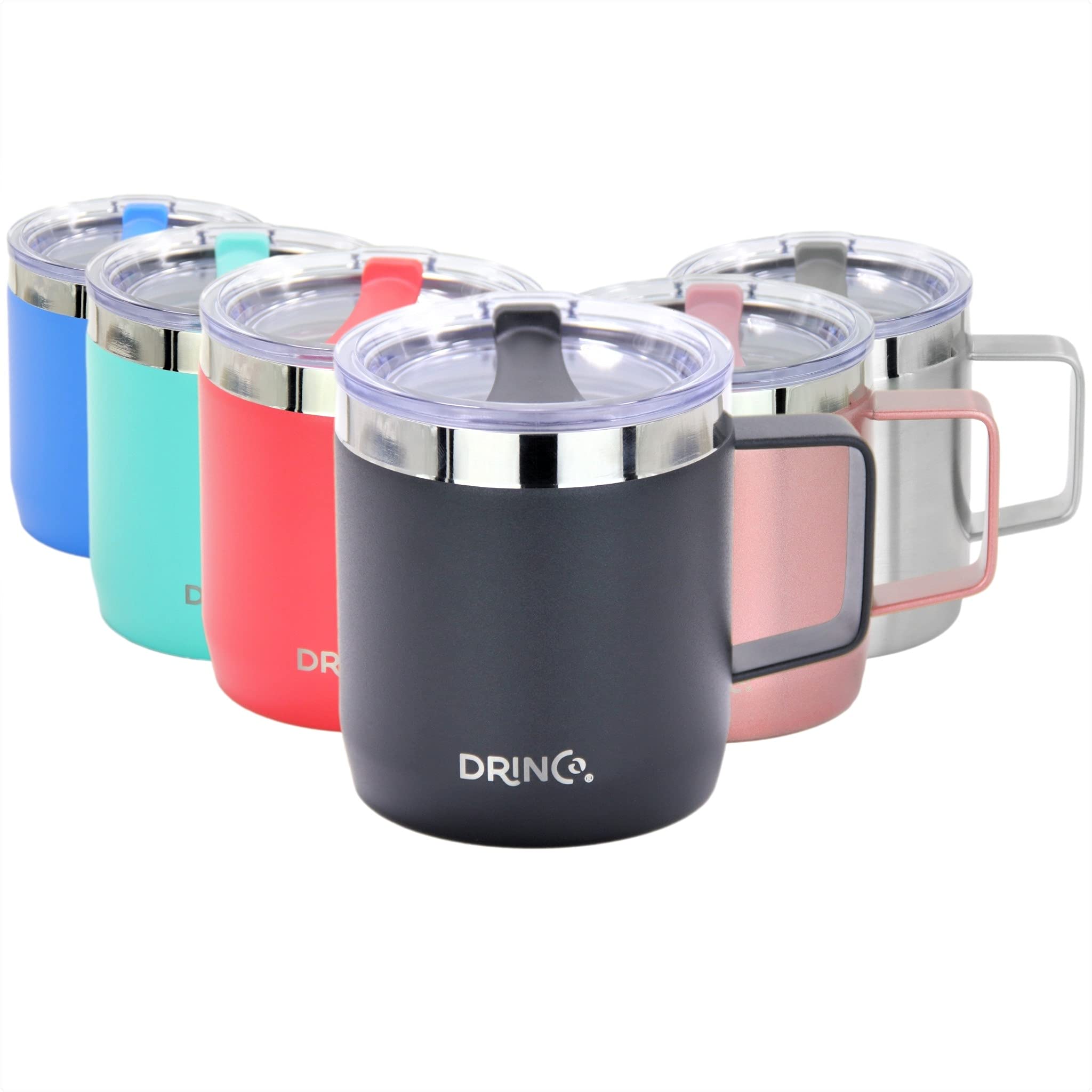 Drinco 14 oz Vacuum Insulated Stainless Steel Coffee Mug with Lid - Double Wall Travel Mug for Hot & Cold Drinks - 6 Pack (Black, Gold, Silver, Red, Teal, Blue) - Perfect for Camping, Office, Commuting & Outdoor Adventures
