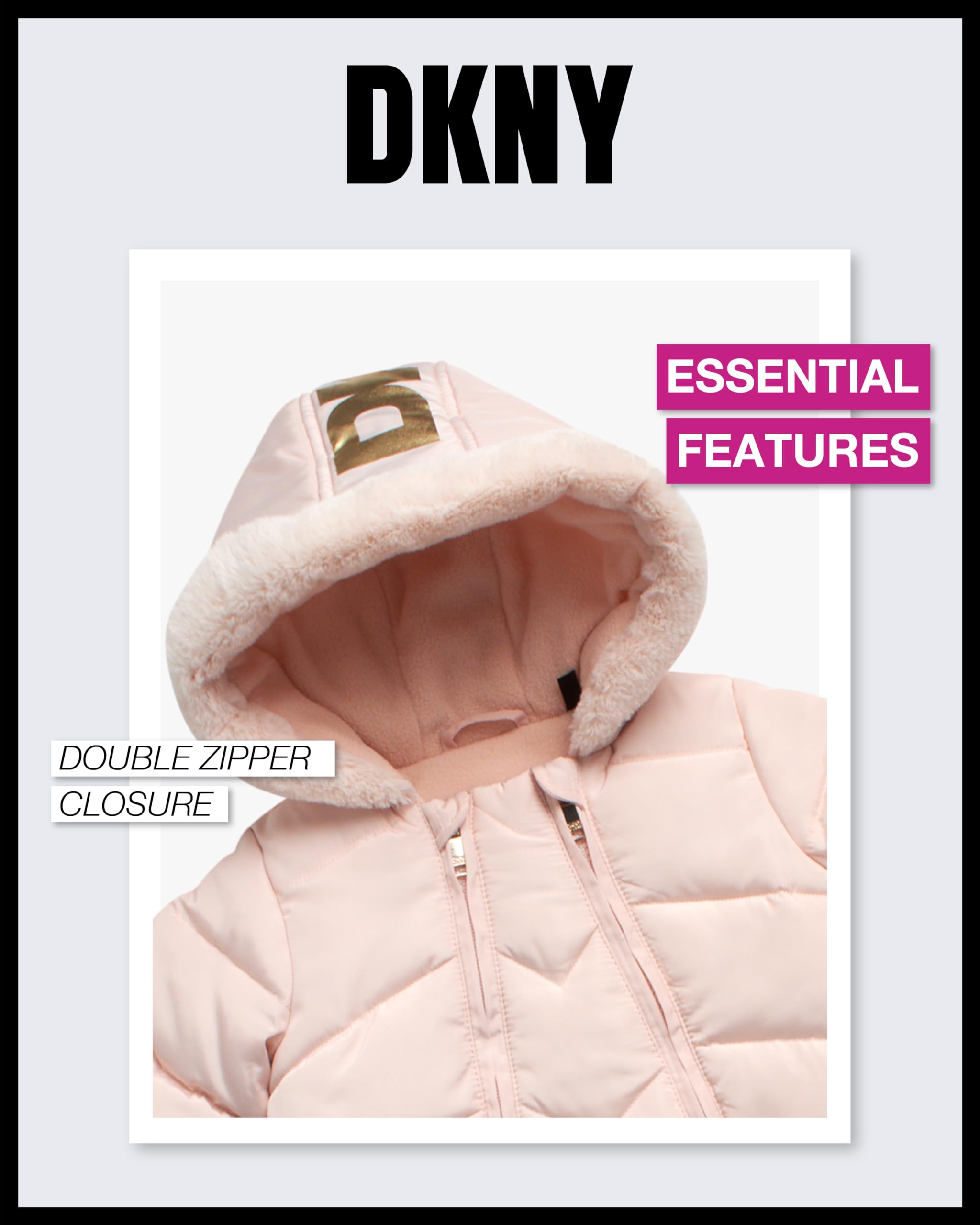 DKNY Baby Girls’ Hooded Fleece-Lined Winter Snowsuit – Warm Zip-Up Snow Pram Jacket for Newborns & Infants (0-24 Months) – Perfect for Winter Outings, Snow Play & Cold Weather Protection