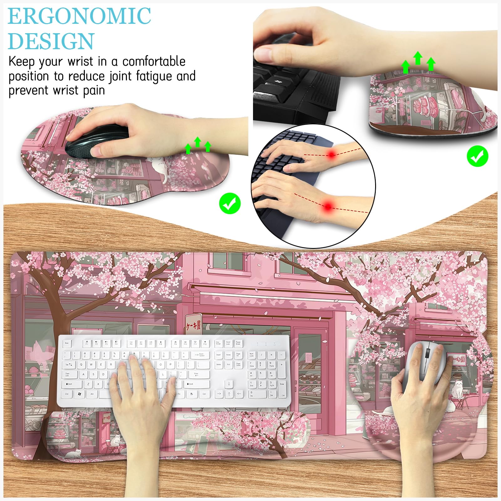 Anime Cat XXL Gaming Mouse Pad Set with Wrist Rest, Keyboard Mat & Cat Coaster - Cute Pink Lycra Office Desk Accessories for Gamers & Anime Fans | Perfect for PC Gaming, Workstation Setup & Home Office Decor