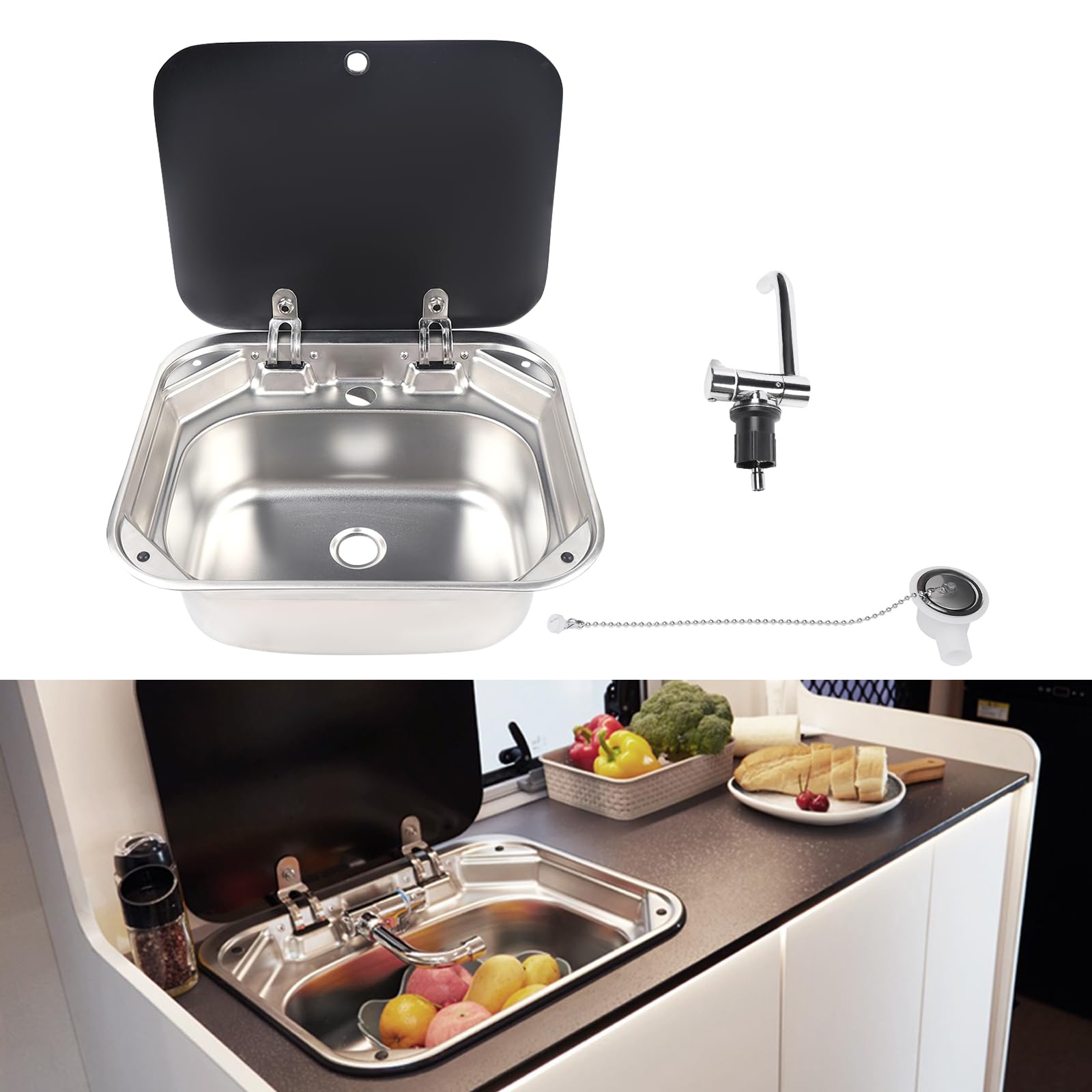 304 Stainless Steel RV Sink with Lid & Faucet - 16.7x14.7x5.9in Single Bowl Outdoor Kitchen Sink for RV, Caravan, Boat & Camper - Perfect for Mobile Cooking & Camping Adventures