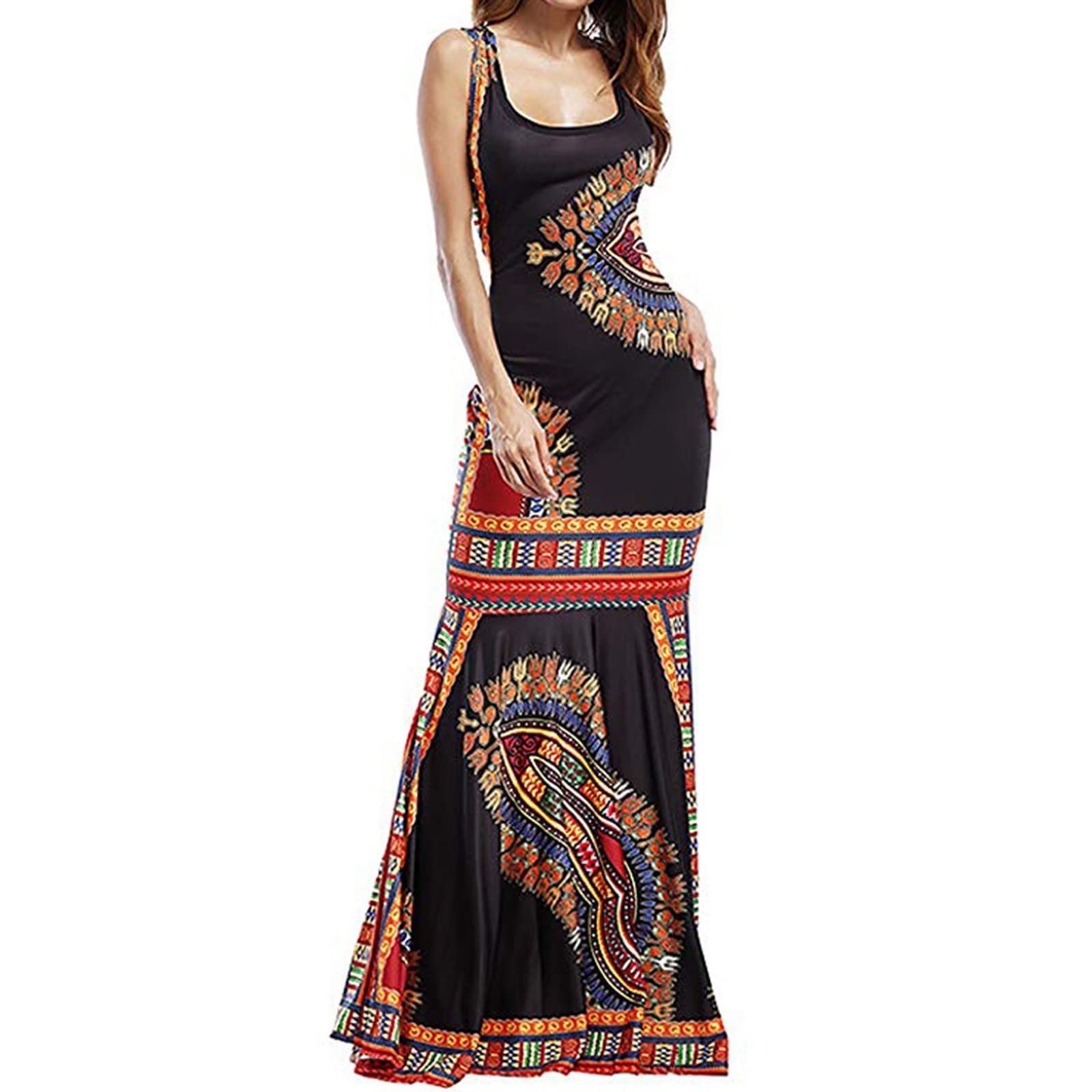 Women's Sleeveless Dashiki Maxi Dress - African Print Summer Cocktail & Evening Gown for Parties, Weddings & Special Occasions