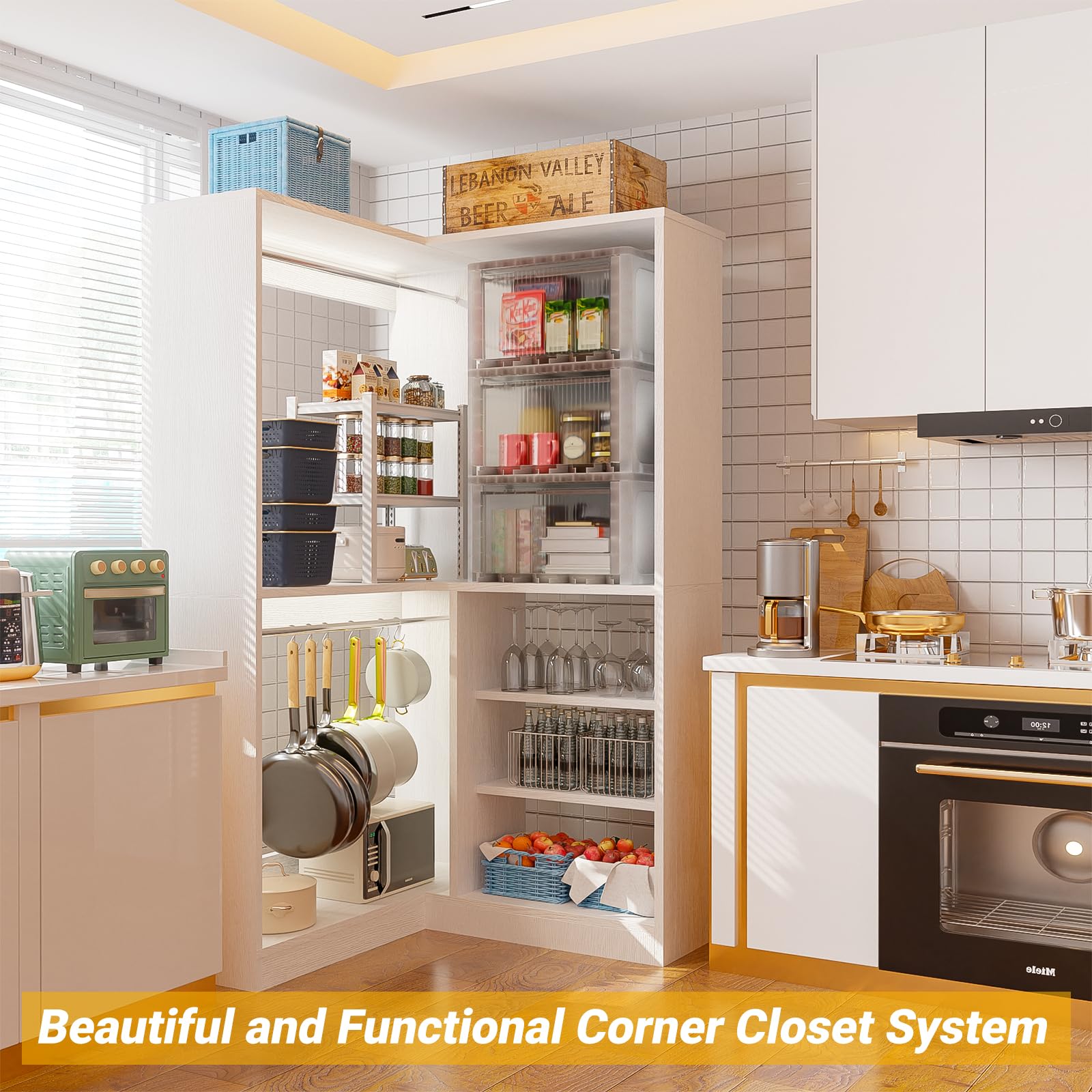 Unikito 36 Inch Freestanding Closet Organizer System - Large Corner Closet Tower with 2 Hanging Rods & Storage Shelves, Walk-in Closet Storage Solution (36