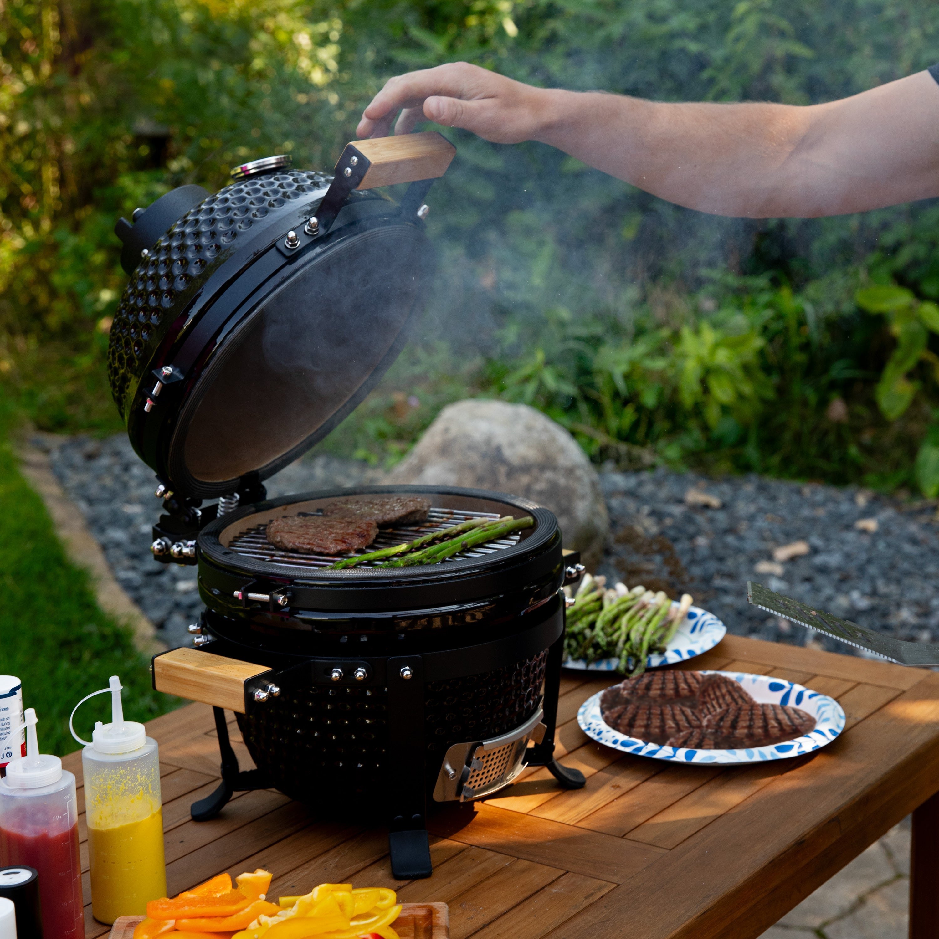 Portable Kamado Charcoal Grill and Smoker with Stand - Outdoor BBQ, Camping & Backyard Cooking - Perfect for Patio, Picnics & Tailgating