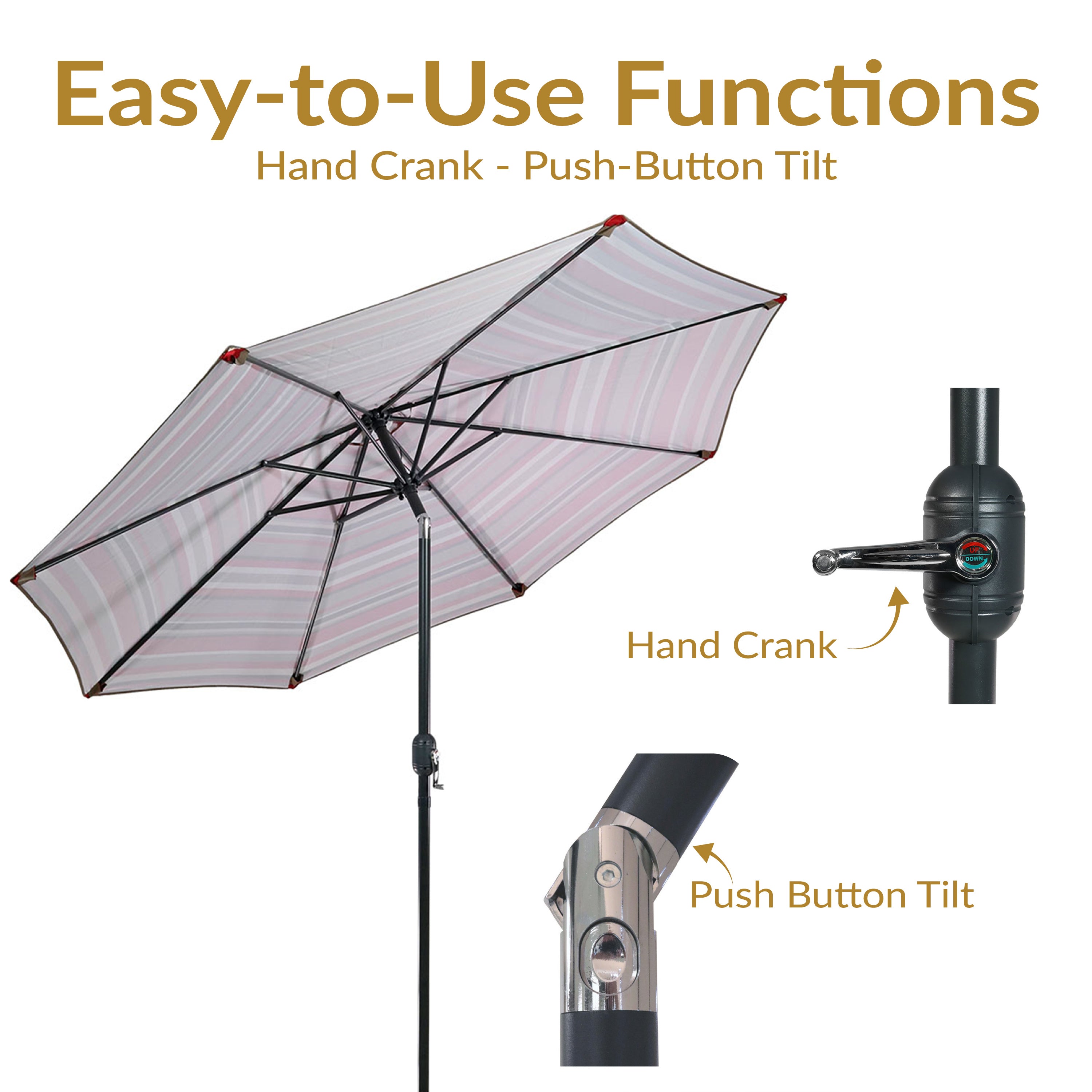 Sunnydaze 9-Foot Striped Outdoor Patio Umbrella with Push Button Tilt & Easy Crank Lift - Perfect for Poolside, Backyard, Garden, and Deck Shade