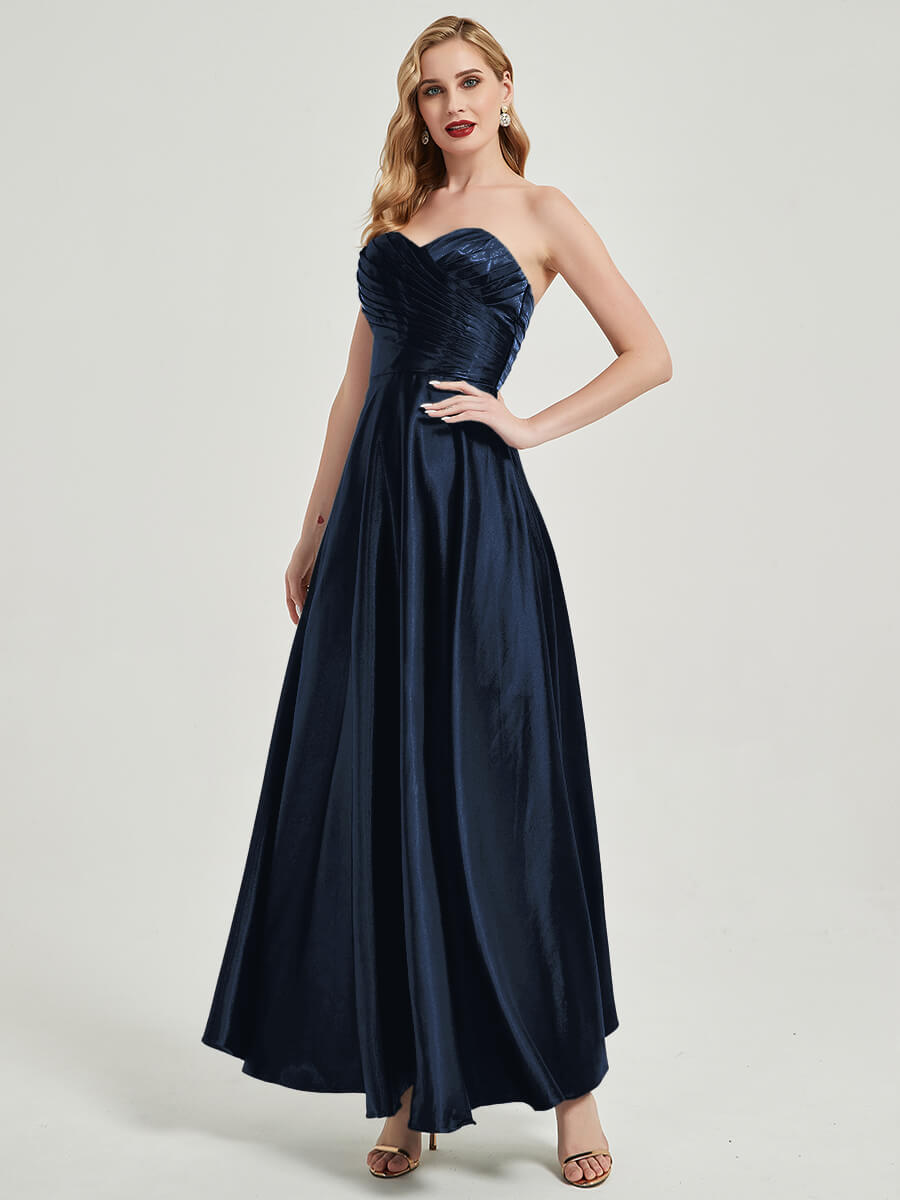 Elegant Dark Navy Satin Sweetheart Strapless Maxi Pleated Bridesmaid Dress for Weddings, Formal Events & Special Occasions