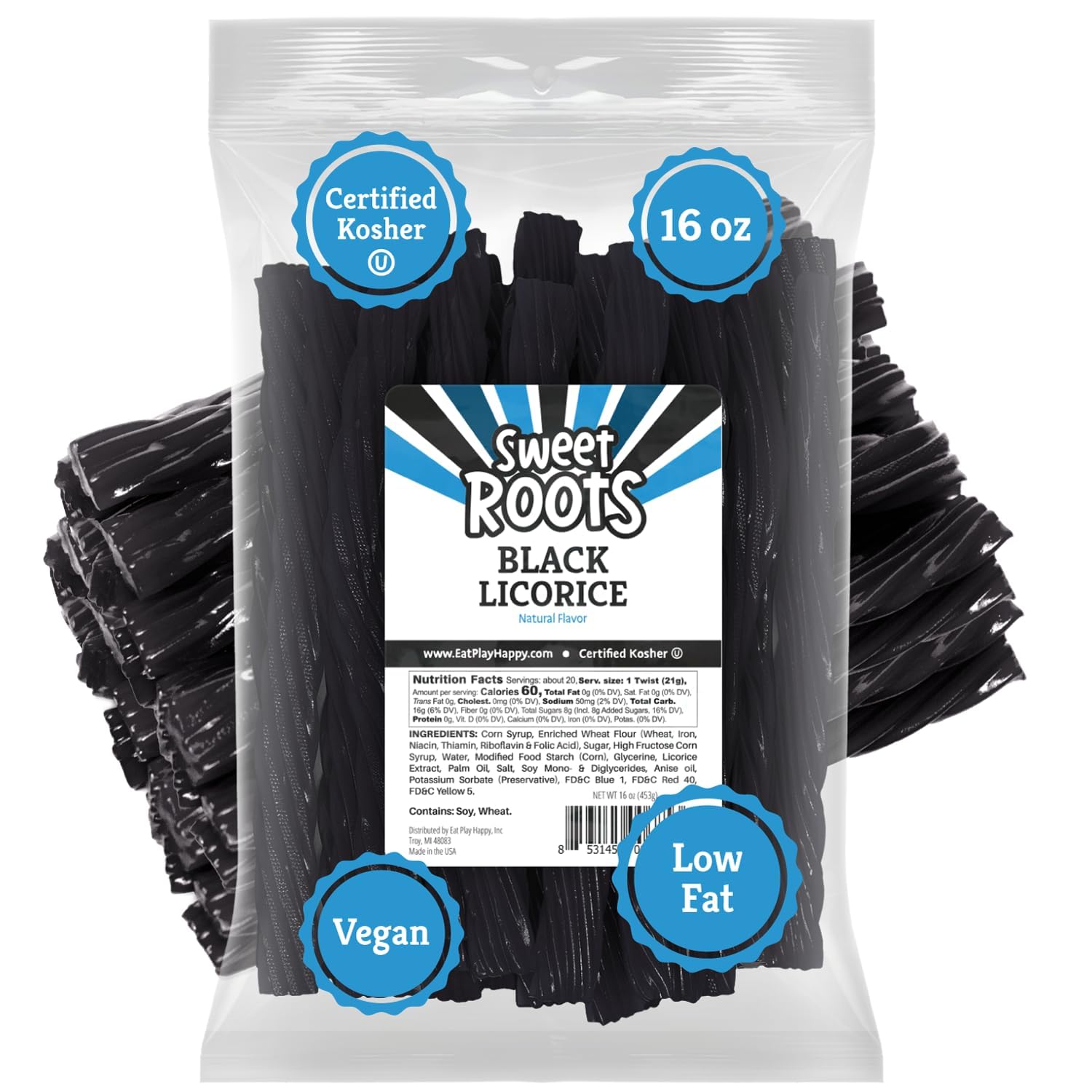 Sweet Roots Black Licorice Twists - 16oz Jumbo Size Vegan Candy Sticks | Fat Free, Kosher Certified Soft Gourmet Licorice | Classic Black Licorice Flavor for Parties, Movie Nights & Gift Baskets