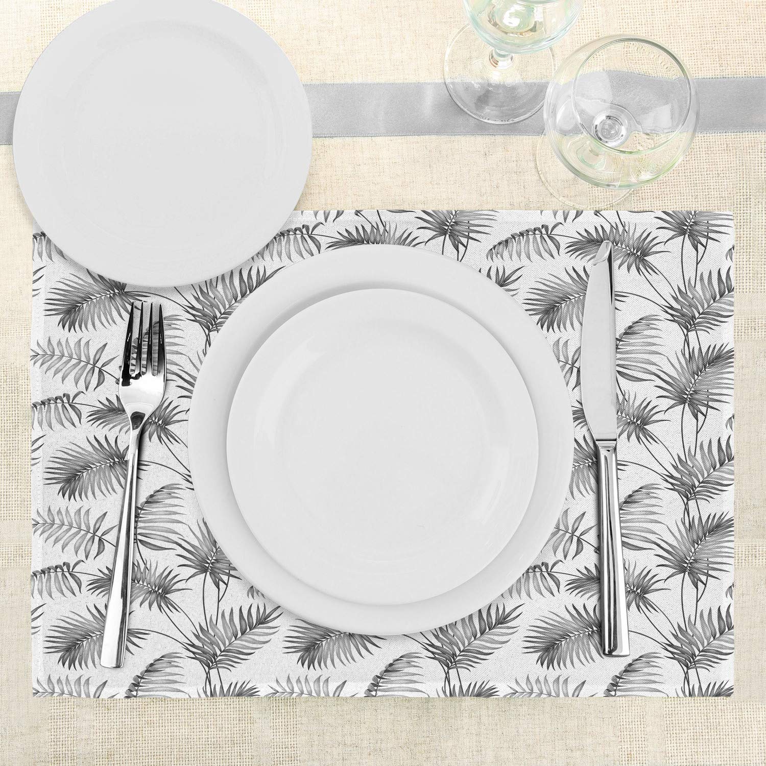 Ambesonne 4-Piece Natural Placemats Set - Tropical Palm Leaf Botanical Print Washable Fabric Place Mats for Dining Table, Kitchen Decor in Dimmable Grey & White | Perfect for Beach House, Summer Parties & Boho Home Decor