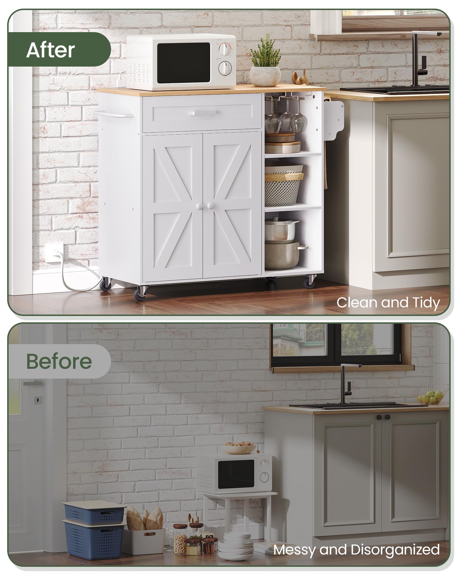 **White & Natural Kitchen Island Cart with Storage, 3 AC Outlets, Spice Rack & Wheels – Mobile Kitchen Workstation for Small Spaces, Dining Prep & Extra Counter Space**