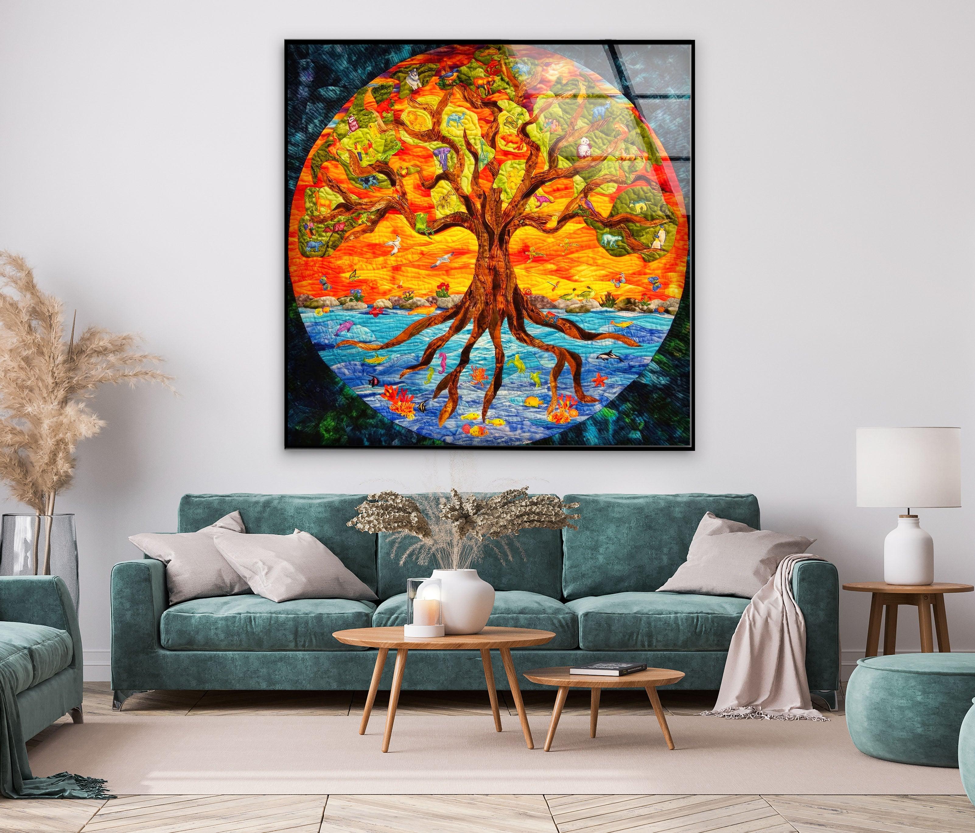 Big Tree of Life Glass Wall Art - Handmade Stained Glass Window Decor for Living Room, Bedroom & Office - Spiritual Home Decor Gift