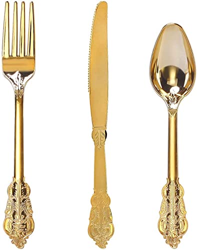 300-Piece Gold Plastic Cutlery Set & 150 Blue Plastic Plates with Gold Rim - Elegant Disposable Tableware for Parties, Weddings, and Events