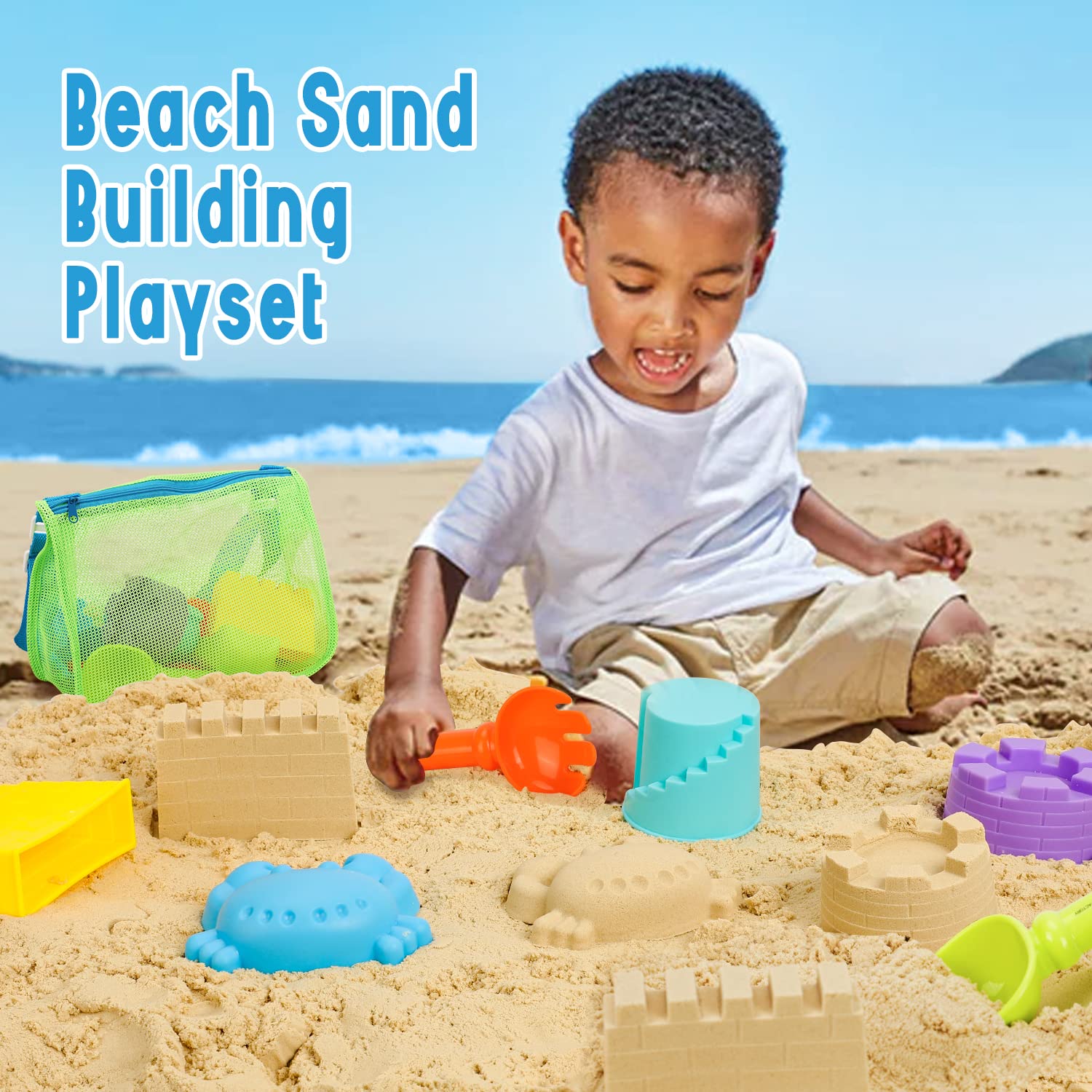 TOY Life Kids Beach Toys Set - Sand Shovel, Rake, Marine Life & Castle Molds with Mesh Bag - Fun Sandbox & Beach Accessories for Toddlers, Boys & Girls | Perfect for Outdoor Play, Summer Vacation & Family Beach Trips