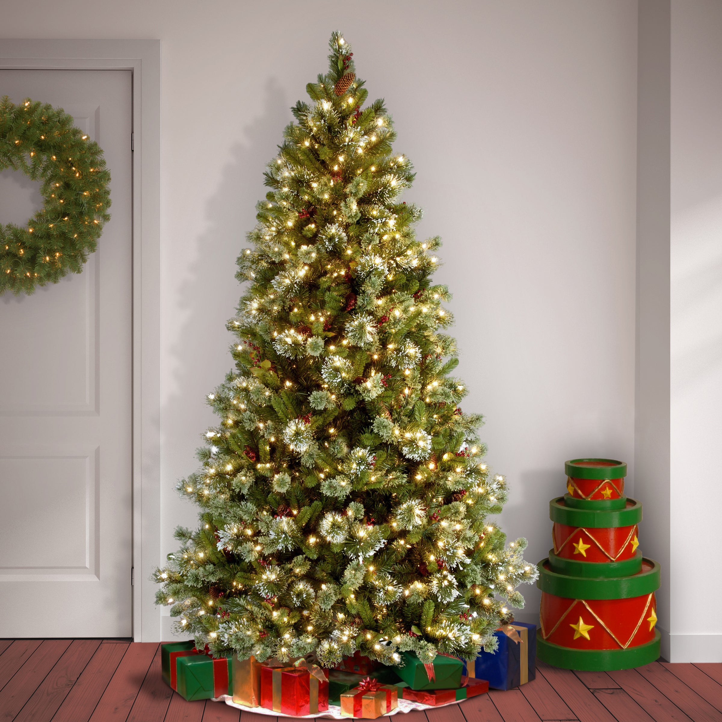 7.5 ft Pre-Lit Wintry Pine Artificial Christmas Tree with Clear LED Lights - Perfect for Holiday Home Decor, Office & Party Decoration