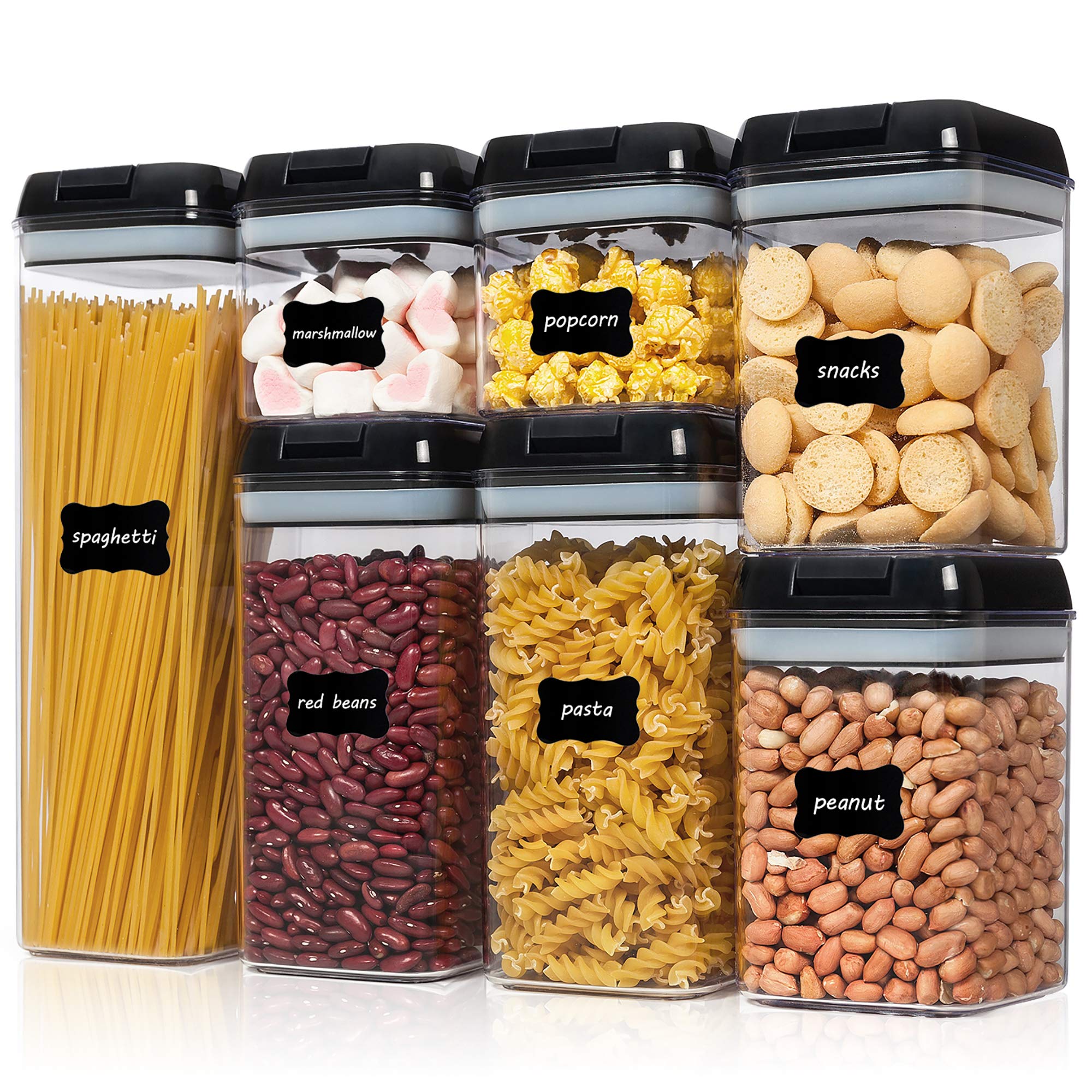 Vtopmart 7-Piece Airtight Food Storage Containers Set - BPA Free Plastic Kitchen Organization for Cereal, Flour, Sugar & Dry Goods - Includes 24 Labels & Easy Lock Lids (Black) - Perfect for Pantry, Baking & Meal Prep Storage
