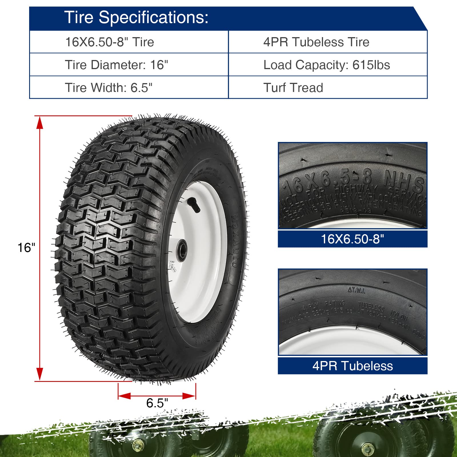 MaxAuto 16x6.50-8 Lawn Mower Tires with Rim - 3/4
