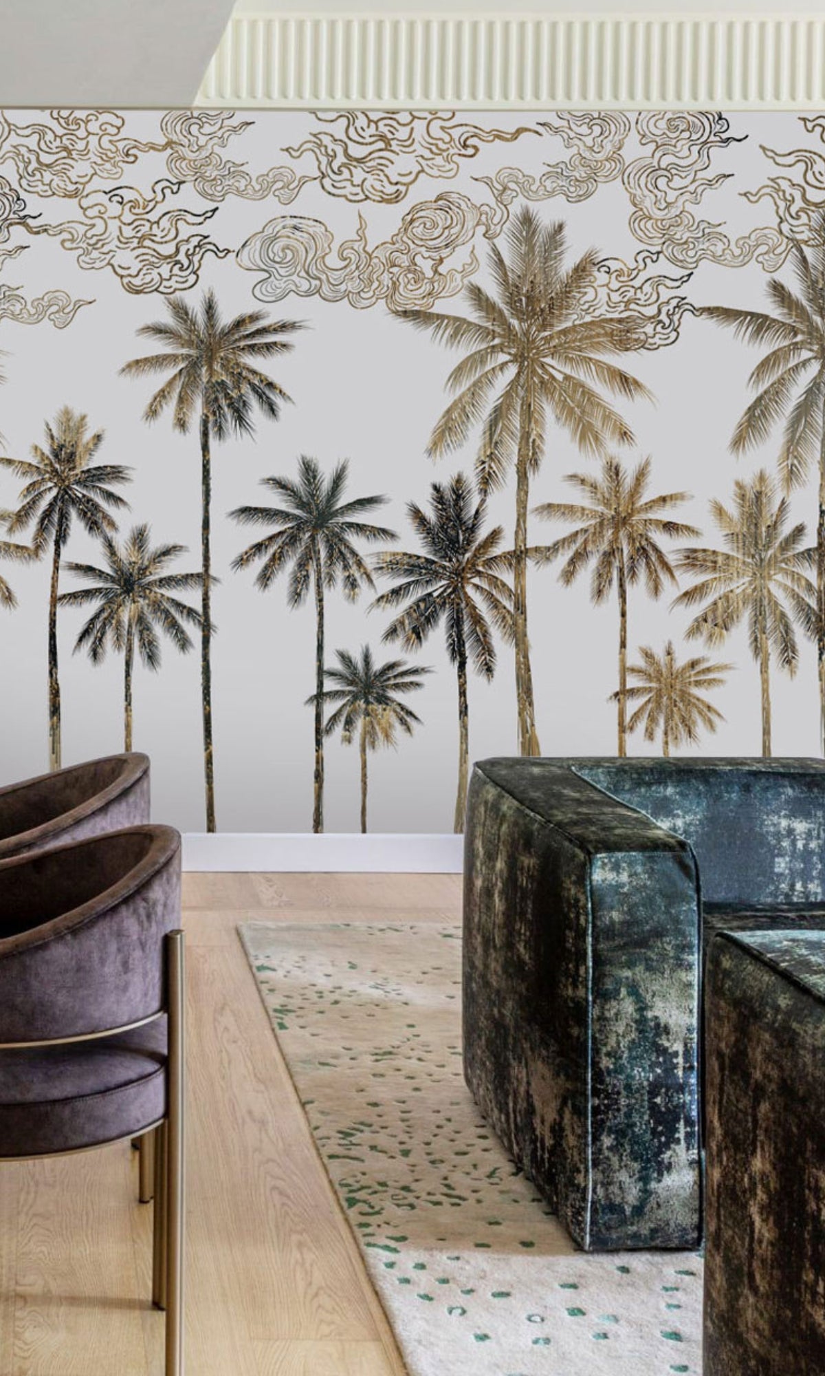 Tropical Palm Leaves Mural Wallpaper - Green & Orange Autumn Design M1266 for Living Room, Bedroom, or Nursery Decor