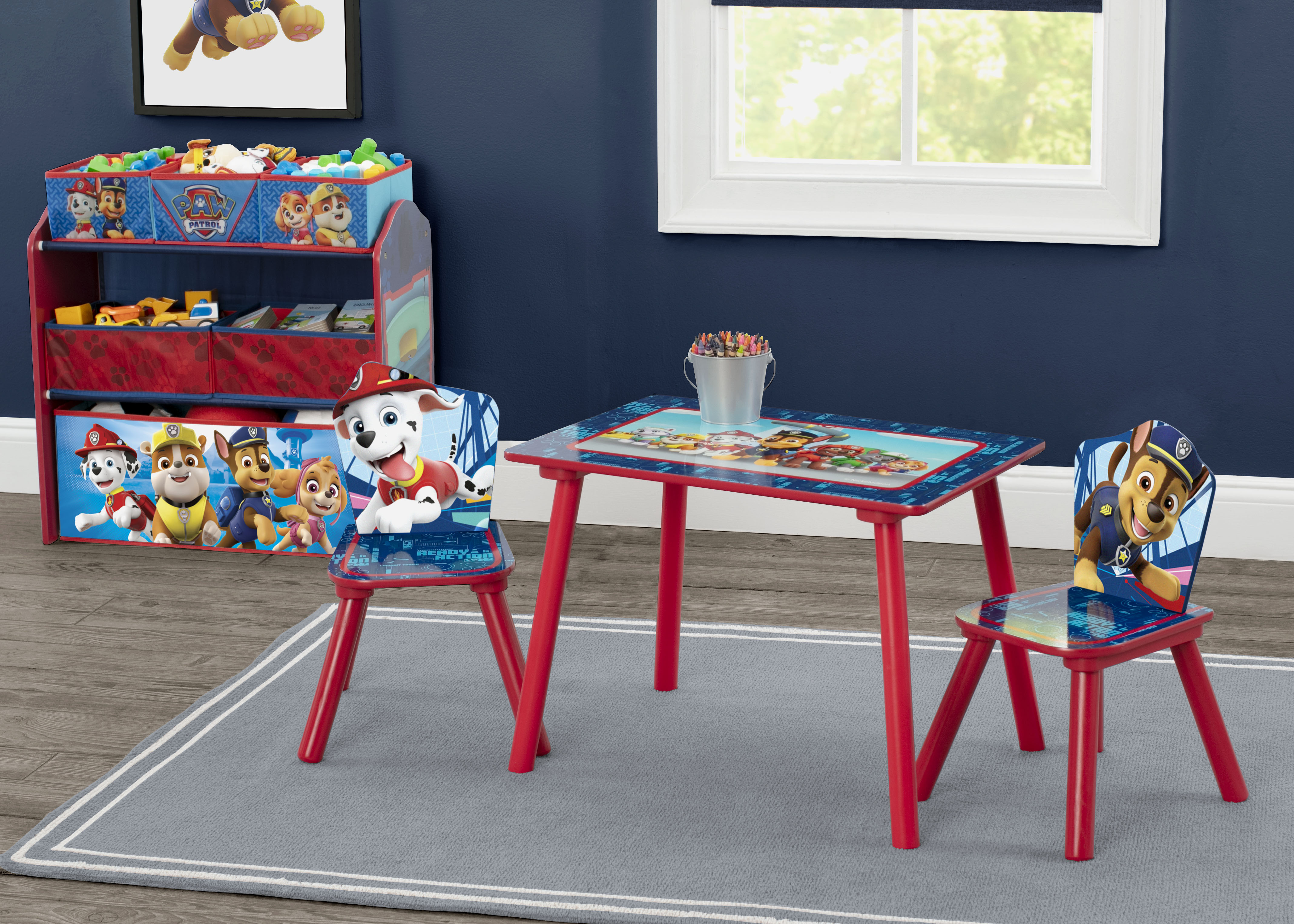 PAW Patrol Kids Playroom Set - 4-Piece Table & Chairs with 6-Bin Toy Storage Organizer for Toddlers | Perfect for Playrooms, Daycares & Preschool Classrooms