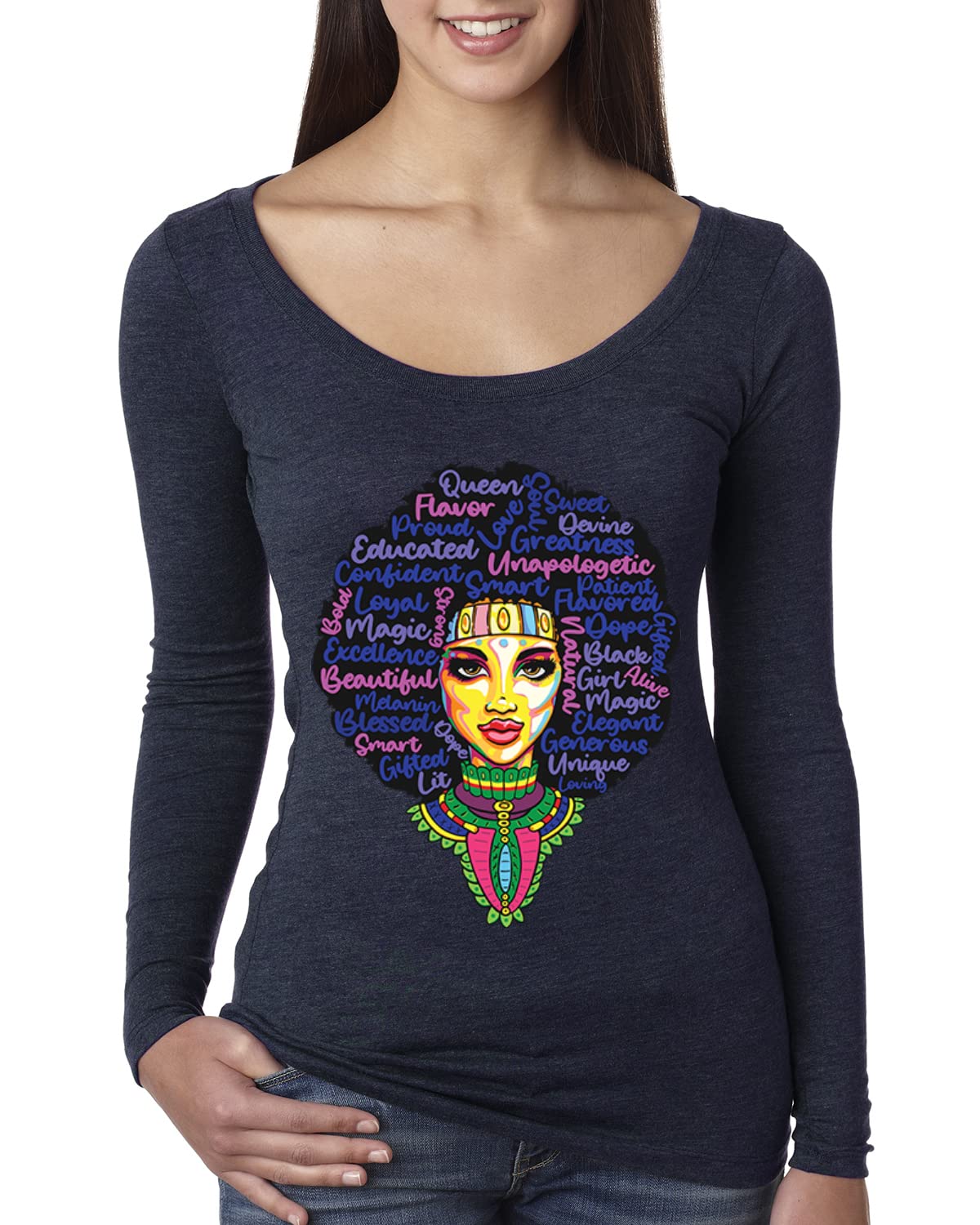 Wild Bobby Queen Bee Strong Black Woman Ethnic Scoop Neck Long Sleeve T-Shirt - Perfect for Casual Wear, Women's Empowerment Events & Cultural Celebrations