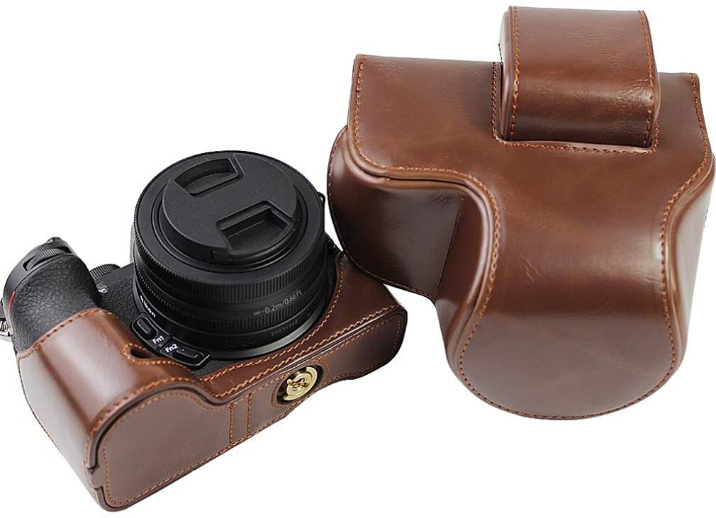 YODZ Waterproof PU Leather Camera Bag Case for Nikon Z50 with 16-50mm F/3.5-6.3 VR Lens - Compact Protective Cover with Adjustable Shoulder Strap & Mini Storage Pouch (Brown) | Perfect for Travel, Hiking & Outdoor Photography