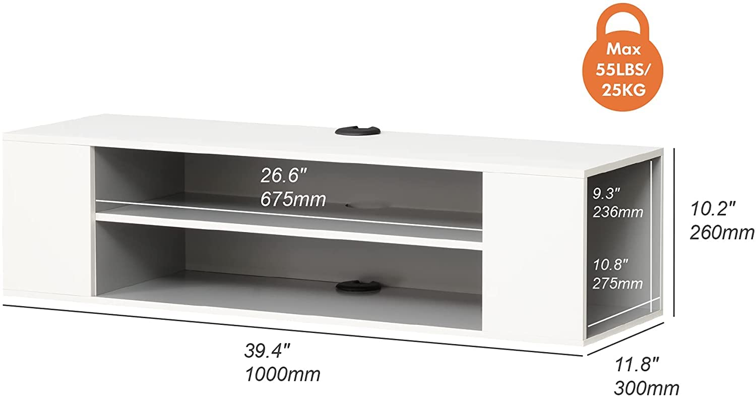 WAMPAT Floating TV Stand with LED Yellow Lights for 32/43/55 inch TVs - Wall Mounted Wooden Media Console with Storage Shelf - Modern TV Cabinet Hutch for Living Room & Bedroom (White) - Perfect for Small Spaces & Home Entertainment Setup
