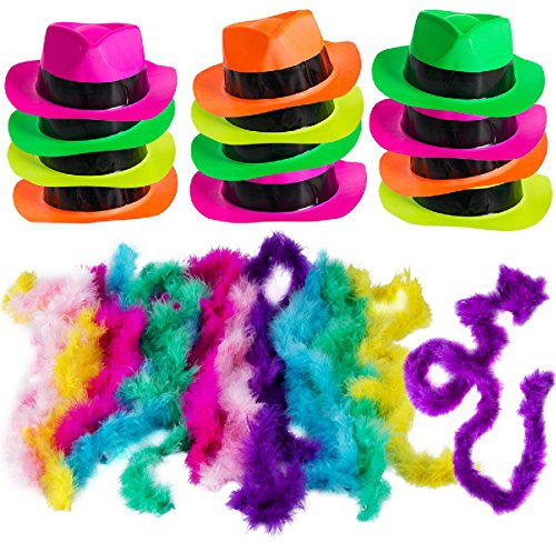 80's Neon Party Supplies - Retro Gangster Fedora Hats with Mini Boas for 80s Theme Parties, Costume Dress Up & Nightclub Events | Funny Party Accessories