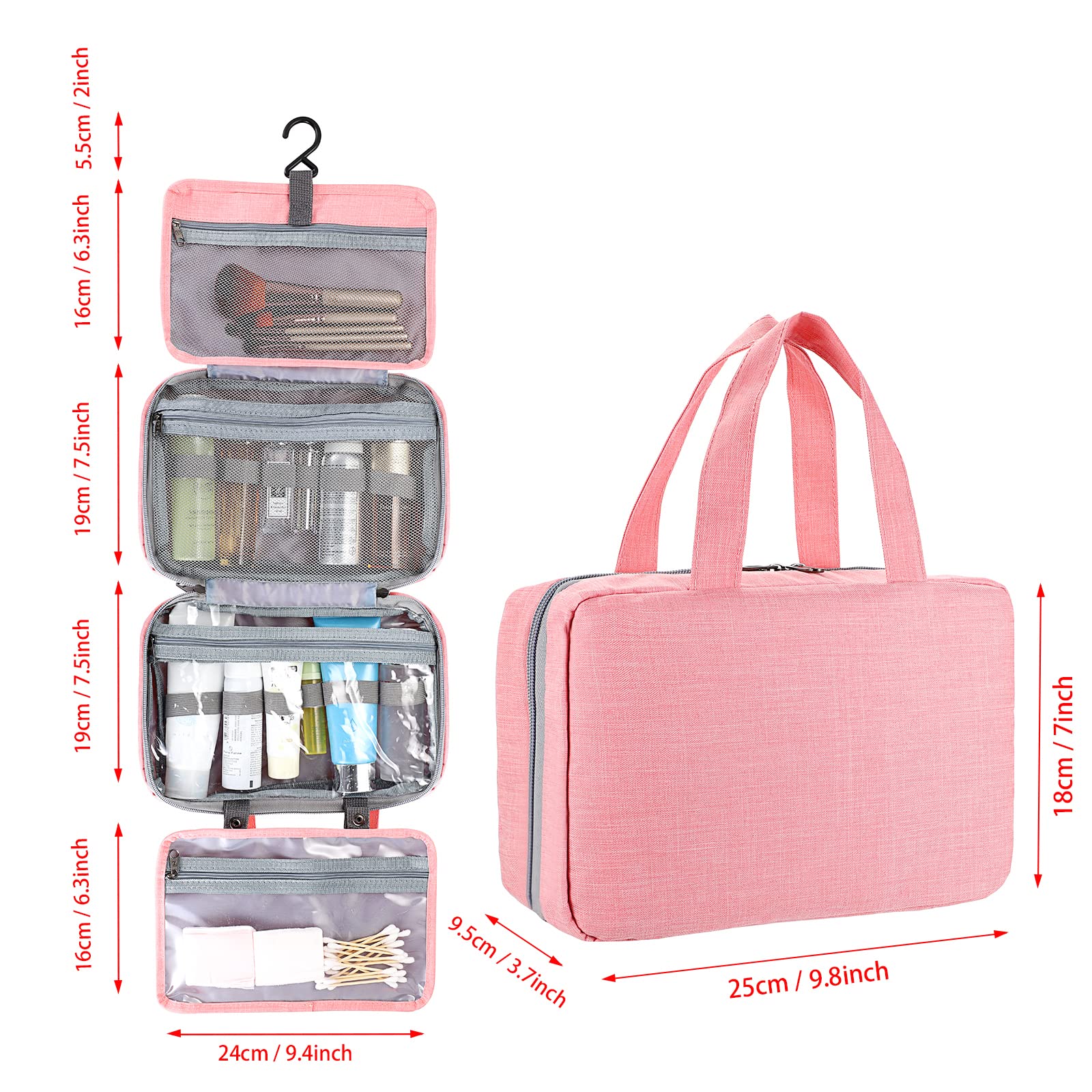 IGNPION Hanging Travel Toiletry Bag - Foldable Waterproof Cosmetic Organizer for Women & Men - 4 Compartments Makeup Shaving Gym Bag (Pink) - Perfect for Travel, Camping, and Daily Use
