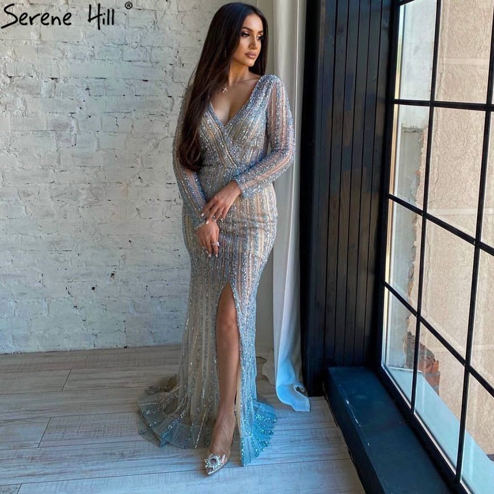 Elegant Silver Blue Mermaid Evening Gown with Beaded Details - Luxury Women's Party Dress for Prom, Gala & Formal Events