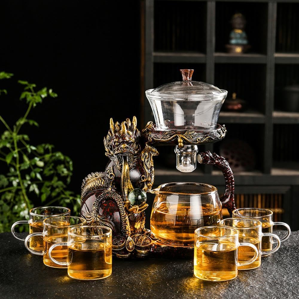 Premium Glass Teapot Set with Stainless Steel Infuser - Semi-Automatic Dragon Design Tea Set with 6 Small Cups (Red & Gold Dragon) - Perfect for Chinese Tea Ceremony, Home Decor & Gift Giving
