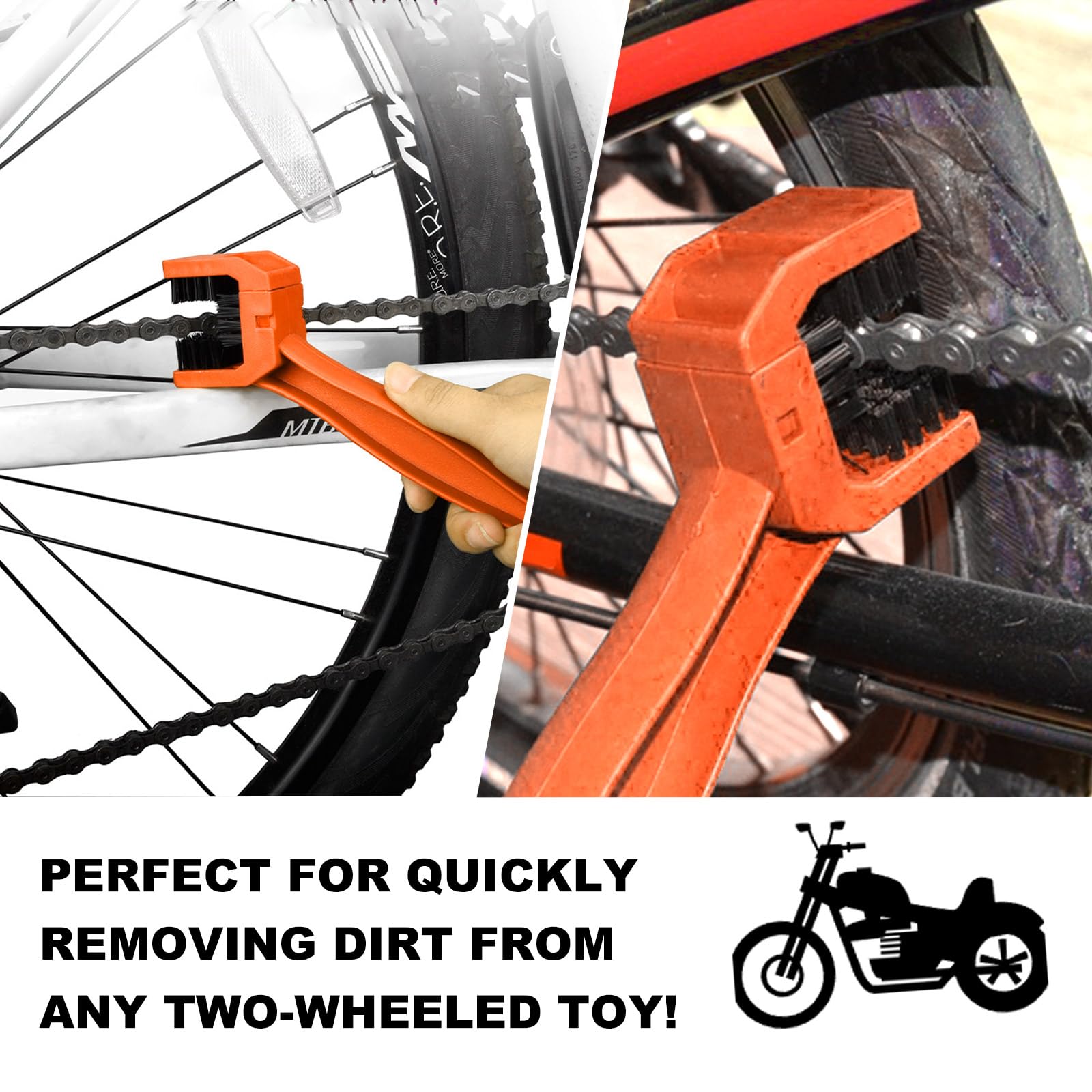Universal Bike & Motorcycle Chain Cleaner Brush - 3-Side Scrubber for Bicycle & Motorcycle Maintenance (Orange)