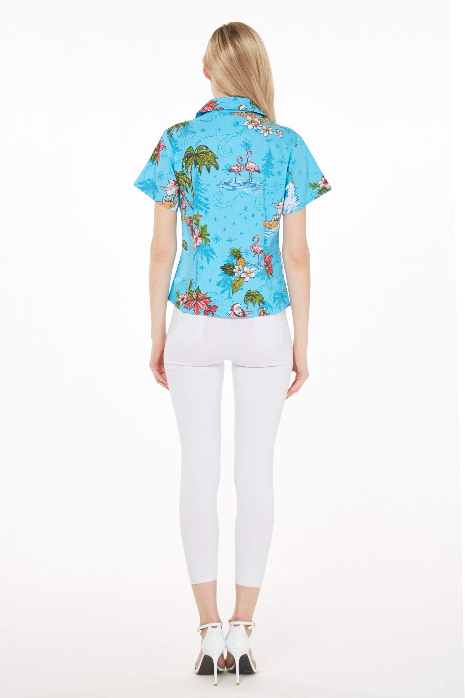 Women's Hawaiian Aloha Shirt - Christmas Santa in Hawaii Red Floral Print Short Sleeve Shirt for Beach Vacation, Luau Party & Summer Outfits
