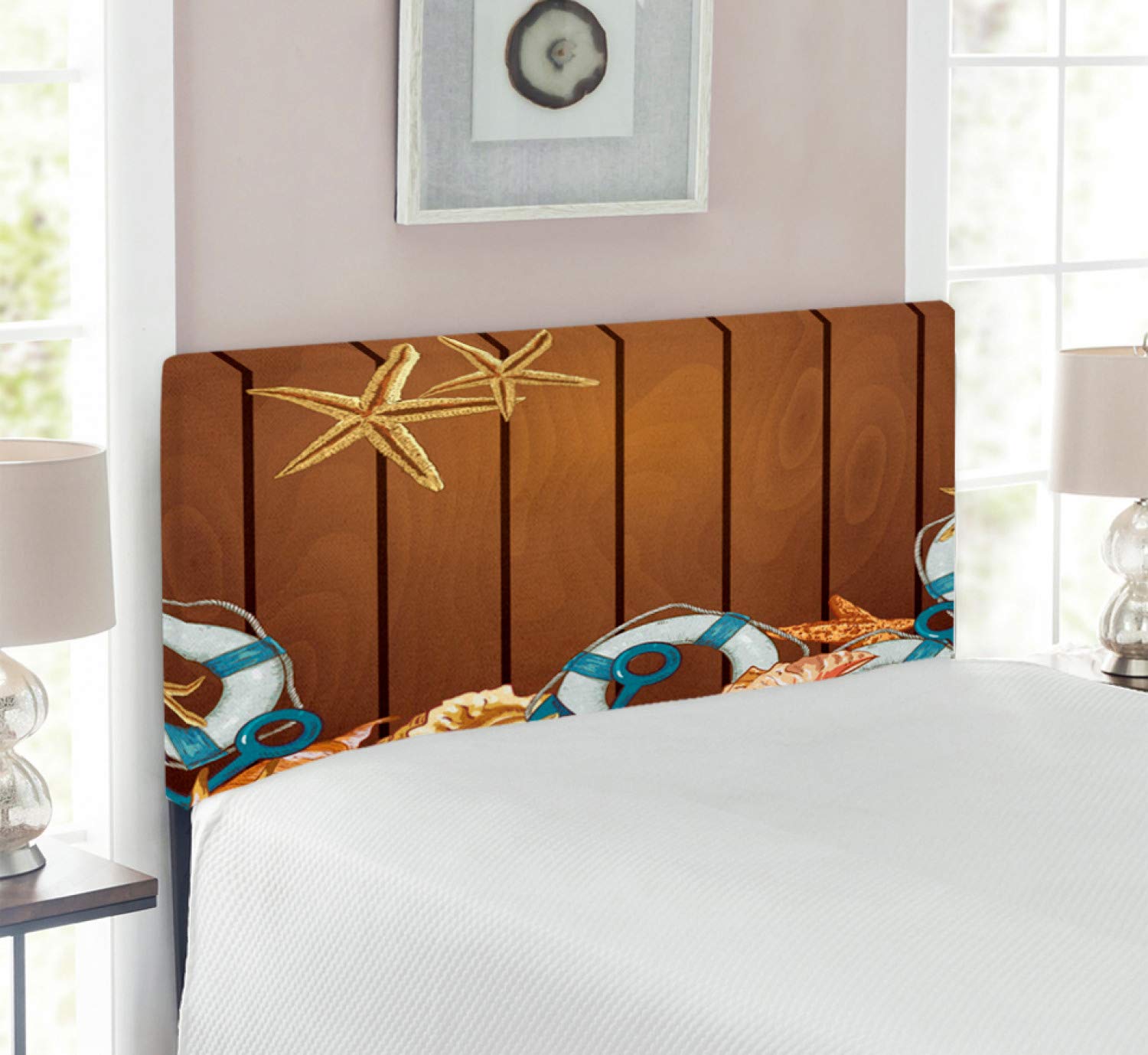 Ambesonne Nautical Seashells Headboard - Twin Size Upholstered Metal Bed Frame with Memory Foam, Brown Blue White - Coastal Decor for Beach House, Guest Room & Master Bedroom