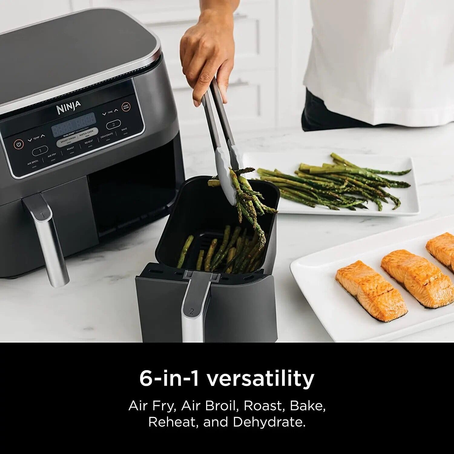 Ninja DZ201 Foodi 8 Quart 6-in-1 DualZone Air Fryer with 2 Independent Baskets - Smart Finish, Match Cook, Roast, Broil & Dehydrate Functions - Perfect for Family Dinners, Meal Prep & Healthy Cooking (Renewed, Grey)