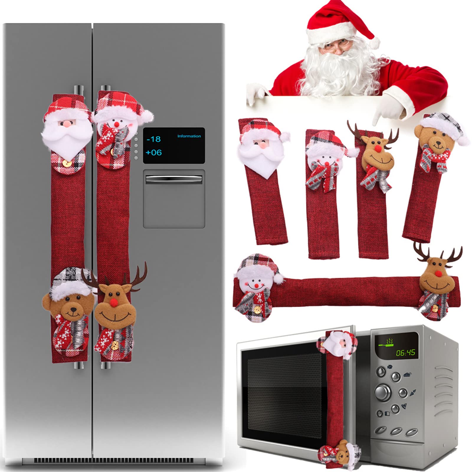ZWMBYN Christmas Refrigerator Door Handle Covers Set of 8 - Washable Santa & Snowman Kitchen Appliance Protectors for Fridge, Microwave, Oven, Dishwasher - Festive Red Holiday Decor for Kitchen & Home - Perfect for Christmas Parties & Family Gatherings