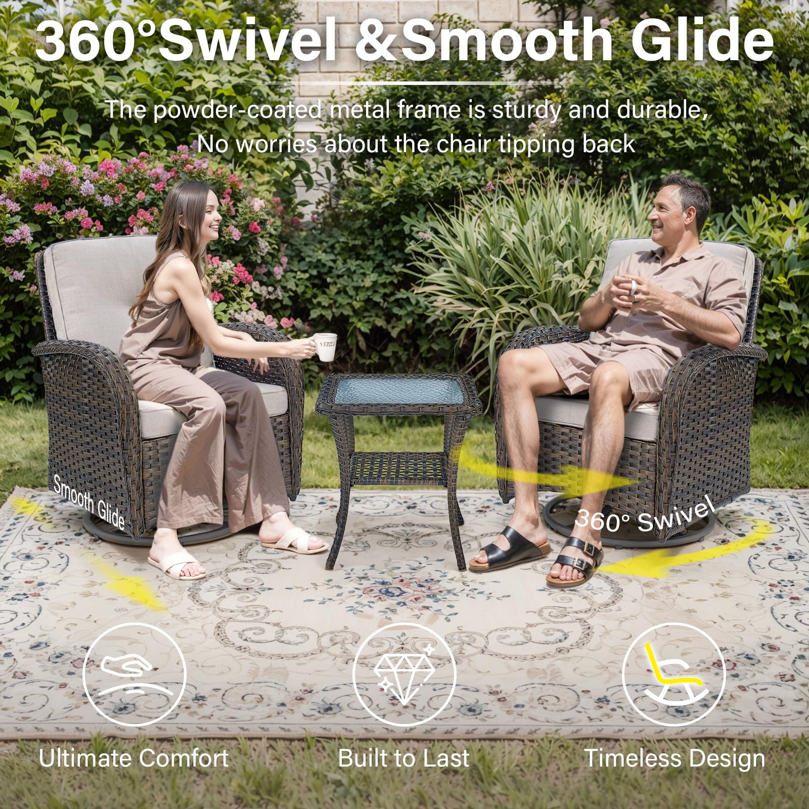PE Wicker Swivel Glider Chair with Cushions - Patio Furniture for Outdoor Porch, Deck & Balcony - Brown/Beige - Perfect for Relaxing, Reading & Enjoying Sunset Views