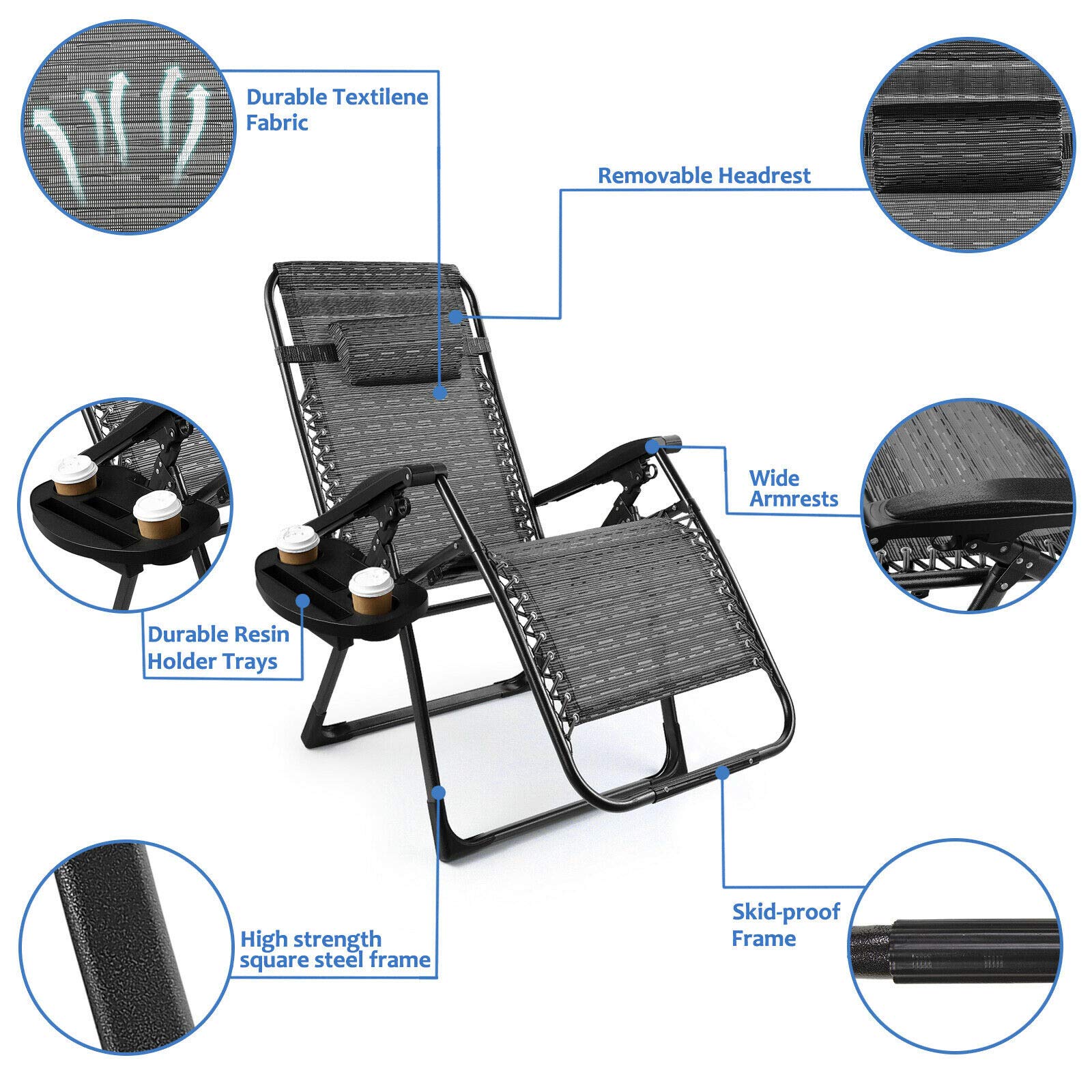 Zero Gravity Folding Beach Chairs - 2 Pack Black Outdoor Lounge Recliners for Poolside, Backyard, Camping & Beach Relaxation