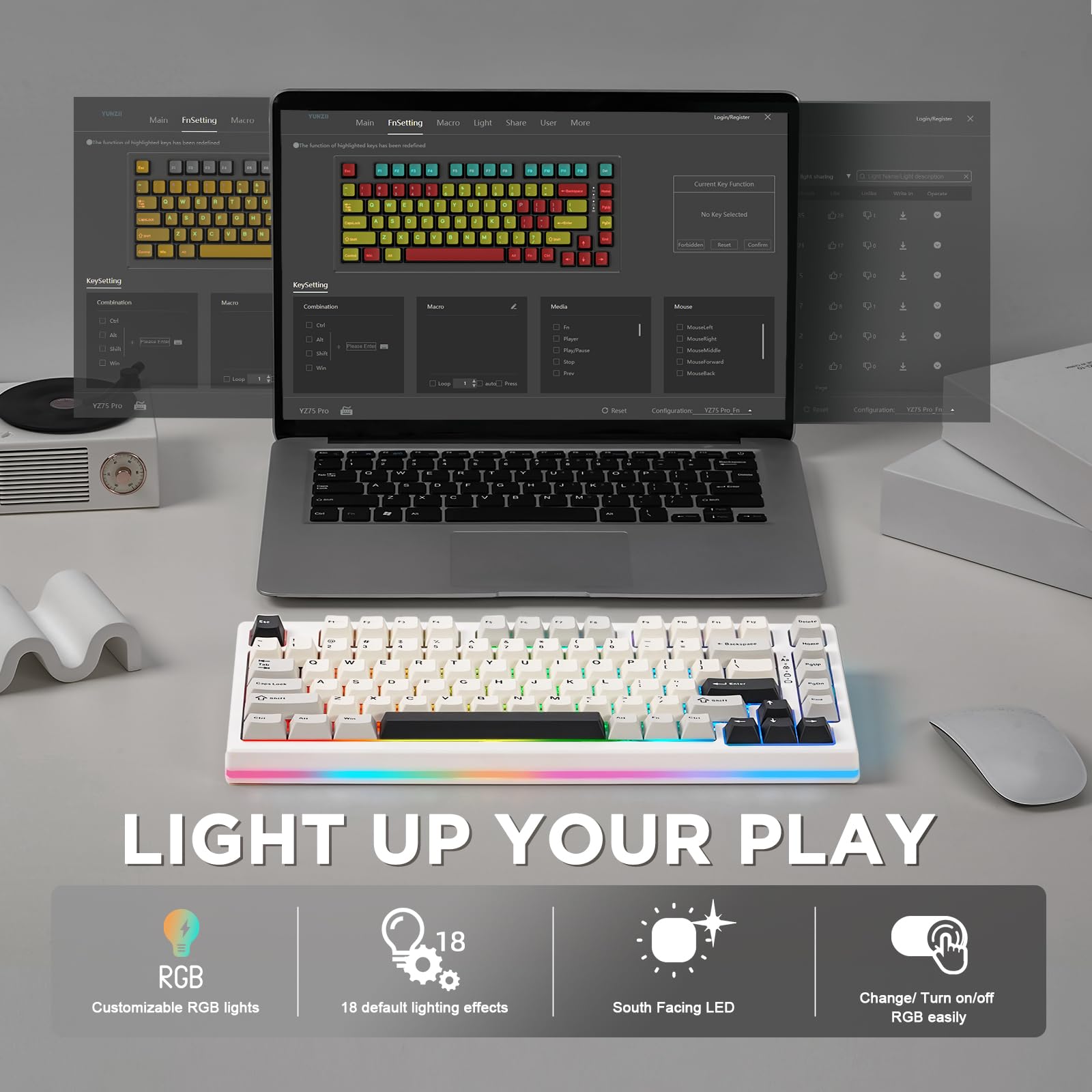 YUNZII YZ75 75% Hot Swappable Wireless Mechanical Keyboard - RGB Backlit, Bluetooth 5.0/2.4G/USB-C, Dye-Sub PBT Keycaps for Gaming, Office & Coding (Gateron G Pro Yellow, White) - Perfect for PC, Mac & Linux Users