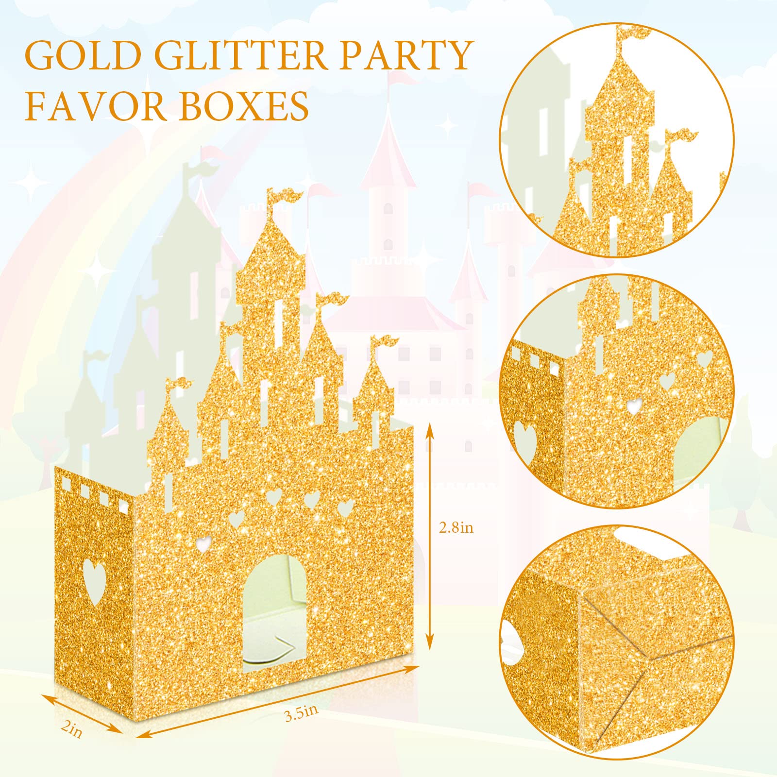 24-Piece Glitter Princess Castle Candy Favor Boxes - Gold Wedding & Birthday Party Decorations - Perfect for Princess Themed Parties, Baby Showers, and Bridal Showers