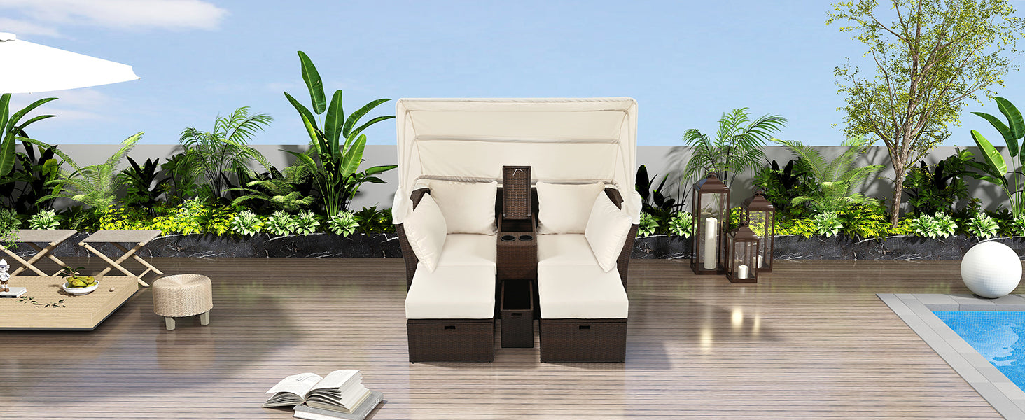 2 Seater Outdoor Patio Daybed with Foldable Awning & Cushions - Double Loveseat Sofa Set for Garden, Balcony, Poolside - Perfect for Relaxing, Sunbathing & Outdoor Lounging (Beige)