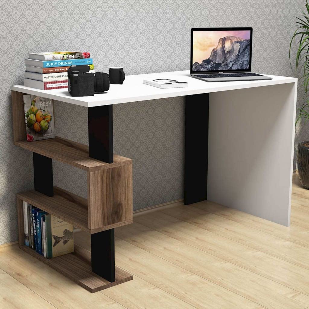 Minar Concept Snap Middle Study Desk Table - Modern White, Walnut & Black Finish - Perfect for Home Office, Dorm Room or Small Space Workstation