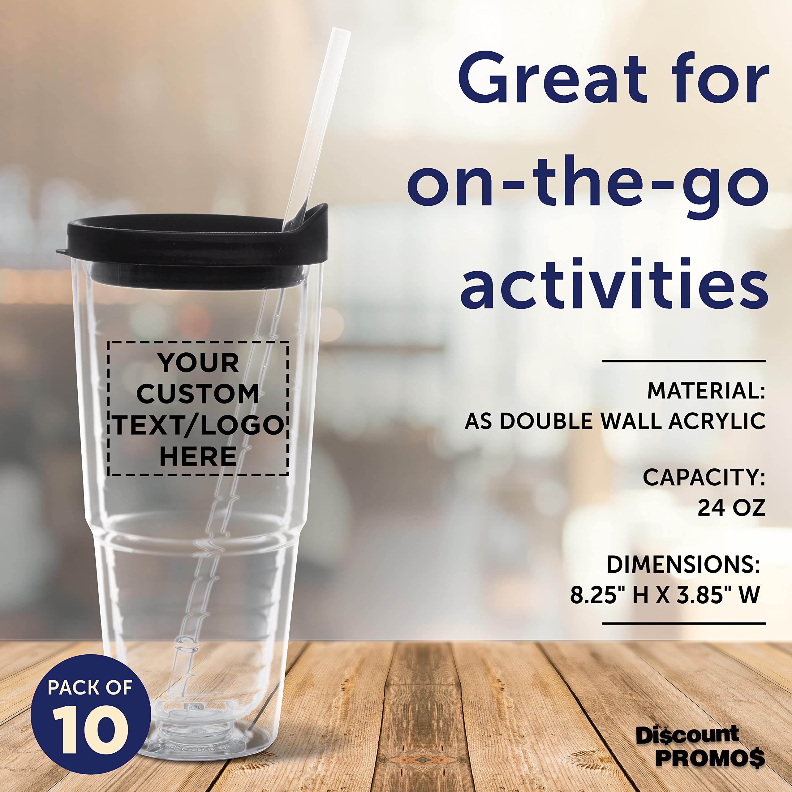 Custom 24 oz Double Wall Acrylic Tumblers with Straw - Set of 10 Personalized Drinkware for Hot & Cold Beverages - Bulk Pack Promotional Items - Perfect for Restaurants, Cafes, Events and Corporate Gifts - Black