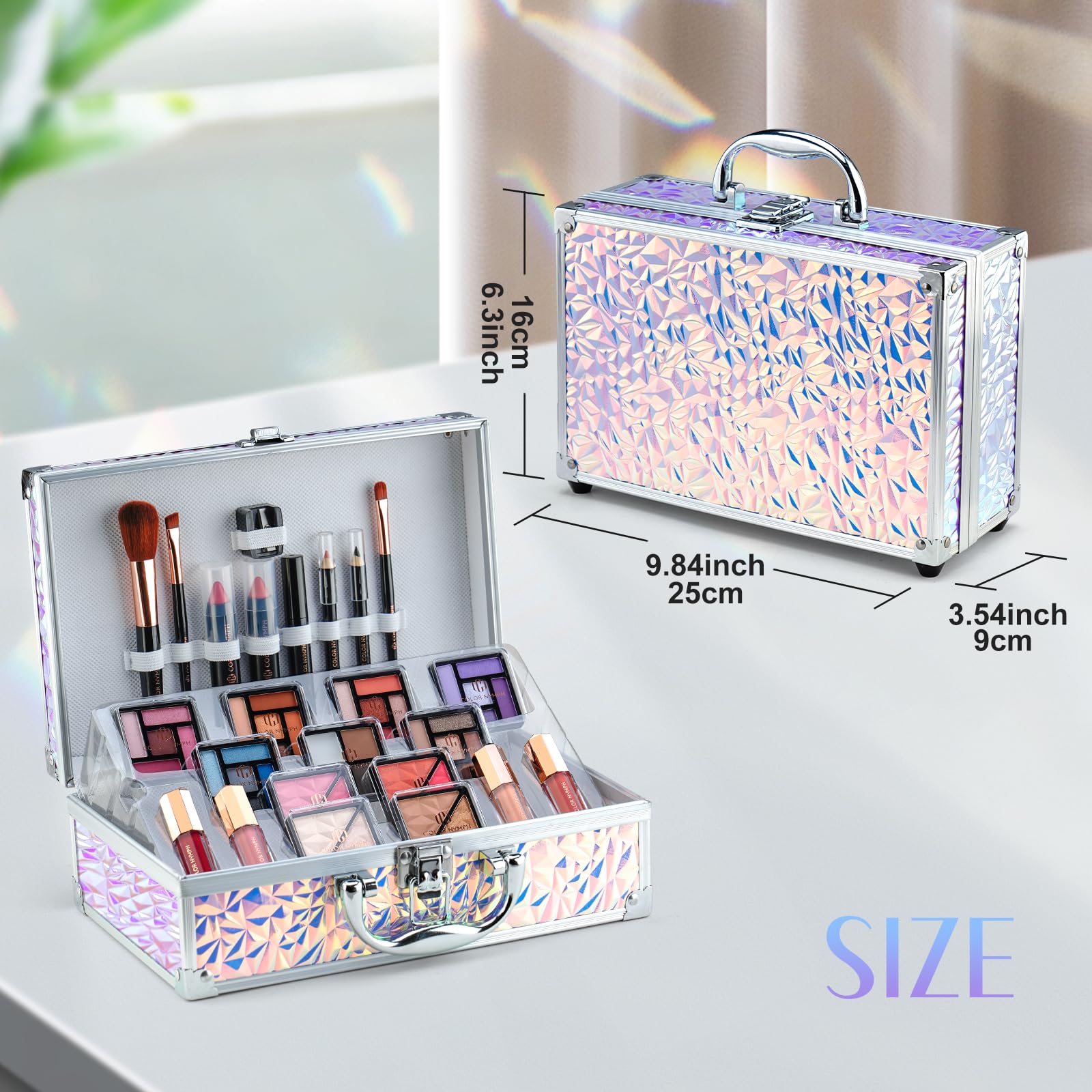 Professional Color Nymph Makeup Kit with Travel Case - Complete Cosmetic Set for Teens & Beginners (Eyeshadow, Lipstick, Blush, Lip Gloss, Mascara + Tools) - Dreamy Silver - Perfect for Everyday Makeup, Parties & Travel
