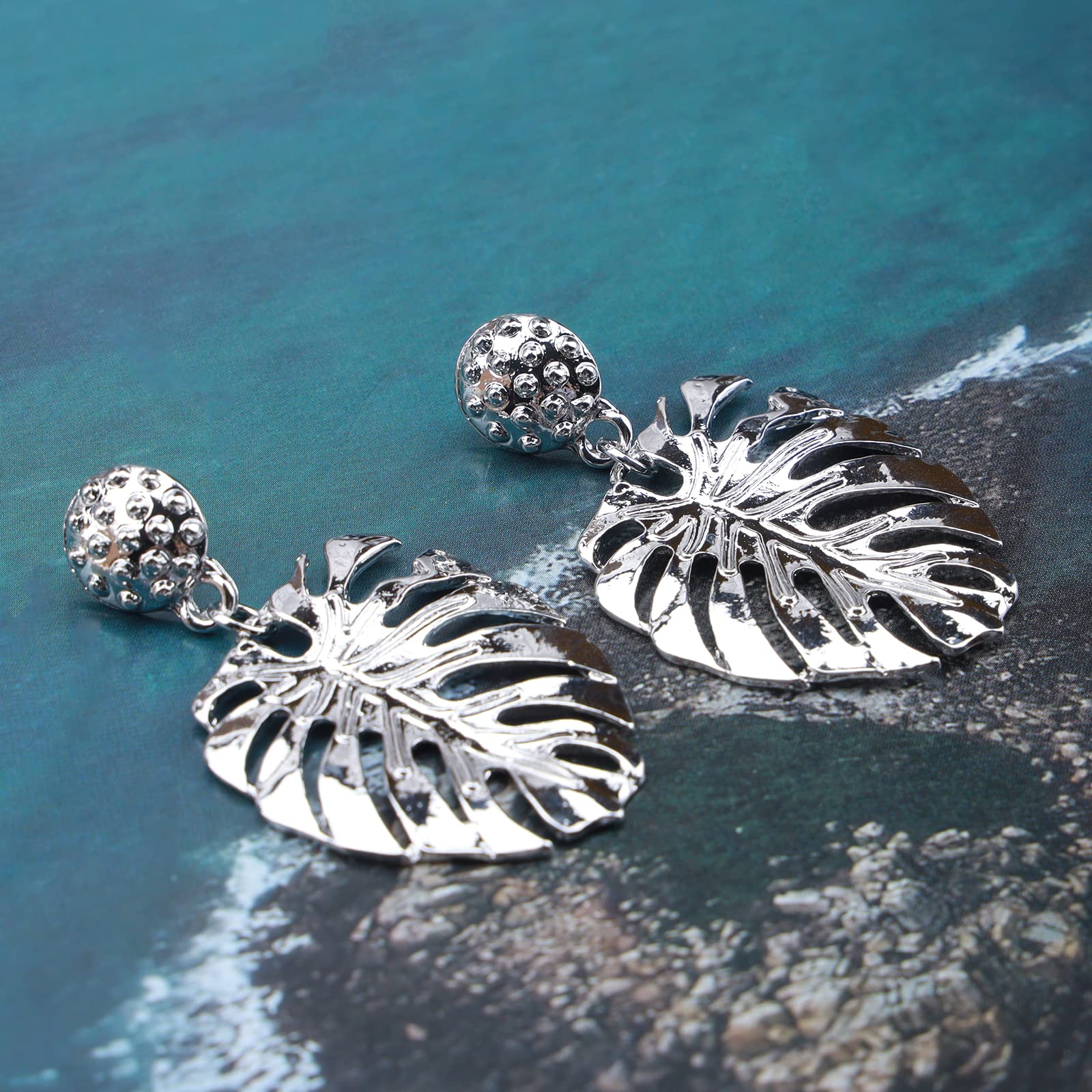 Punk Hollow Leaf Dangle Earrings for Women - Silver Palm Leaf Drop Earrings with Circle Post Stud | Boho Chic Jewelry for Parties, Beach Vacations & Everyday Wear