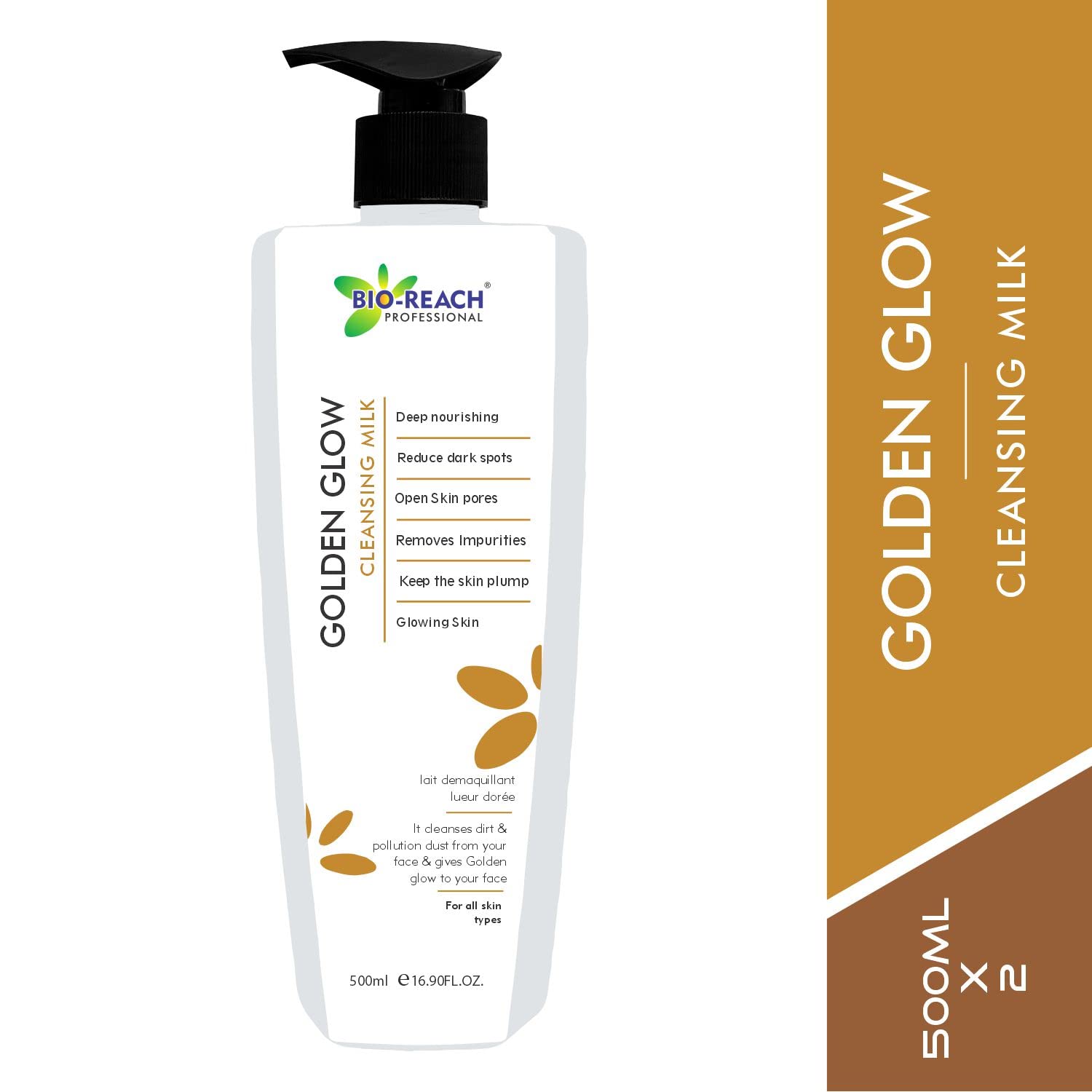 BIO-REACH Golden Glow Cleansing Milk - Hydrating Facial Cleanser for Dry & Sensitive Skin (2 x 500ml) | Gentle Makeup Remover & Daily Skincare Routine Essential