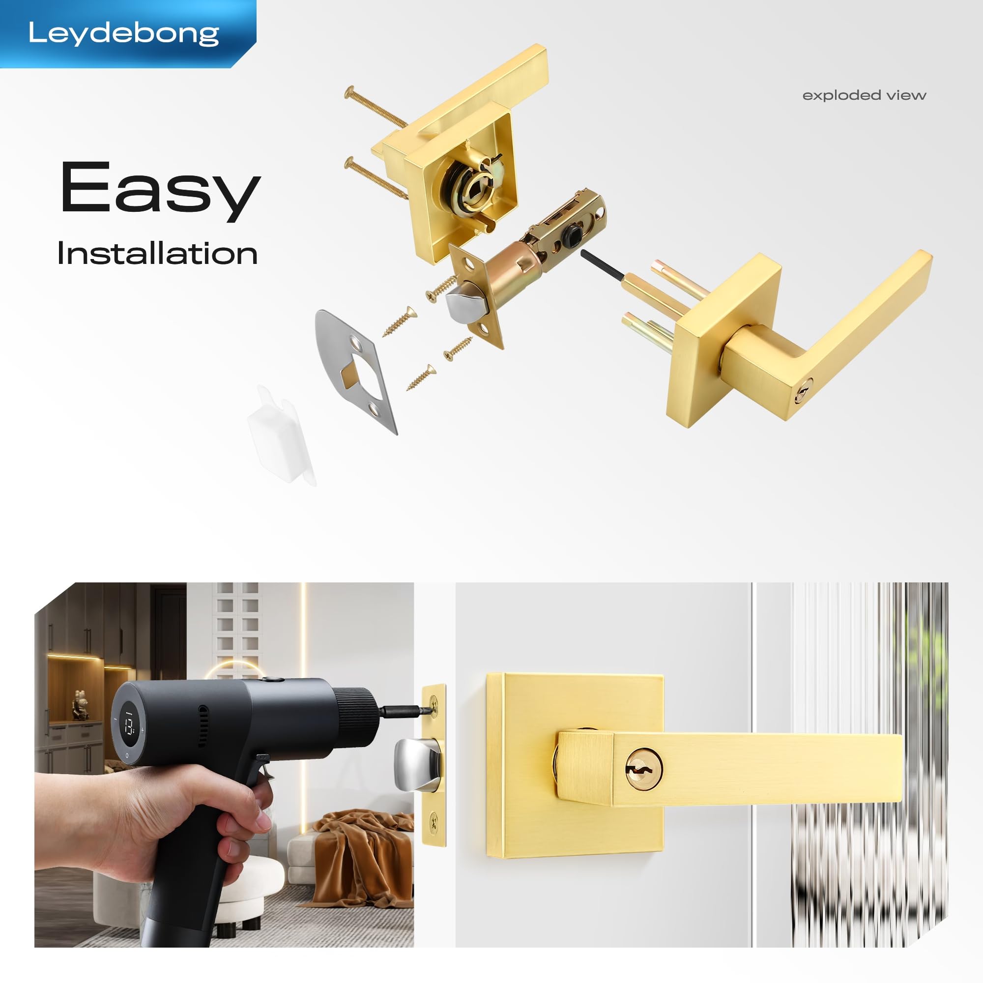 1 Pack Heavy Duty Square Door Lock with Key - Gold/Satin Brass Finish - Reversible Handle for Left/Right Hand (Different Keys) - Ideal for Home, Office & Commercial Security
