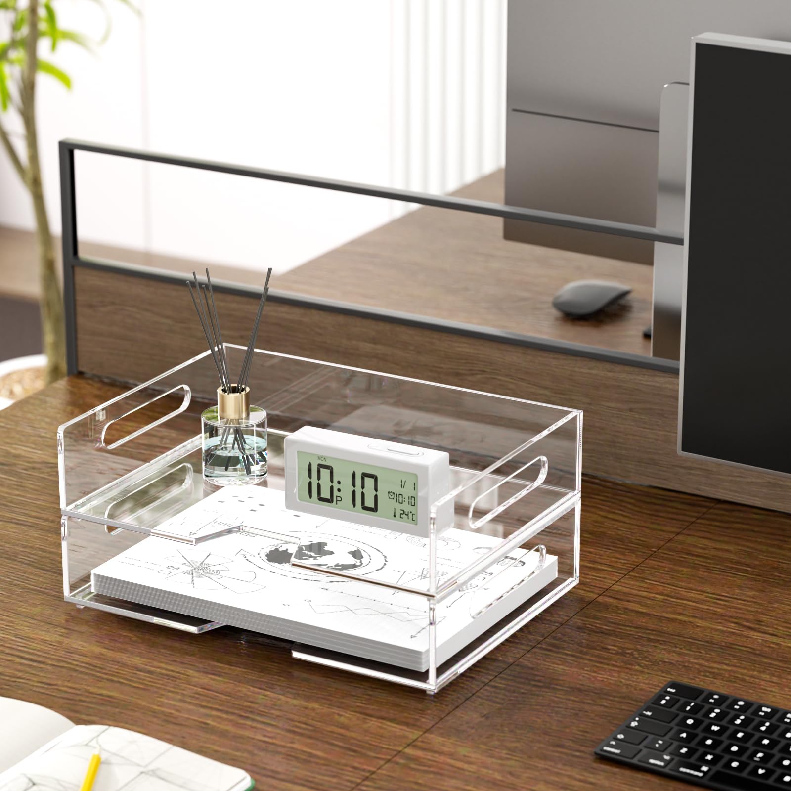 HIIMIEI 2 Pack Clear Acrylic Letter Tray - Stackable Desk Organizer for Documents, Files, and Office Supplies | Perfect for School, Home & Office Use | Horizontal Desktop Storage Solution for Paperwork, Mail, and Stationery