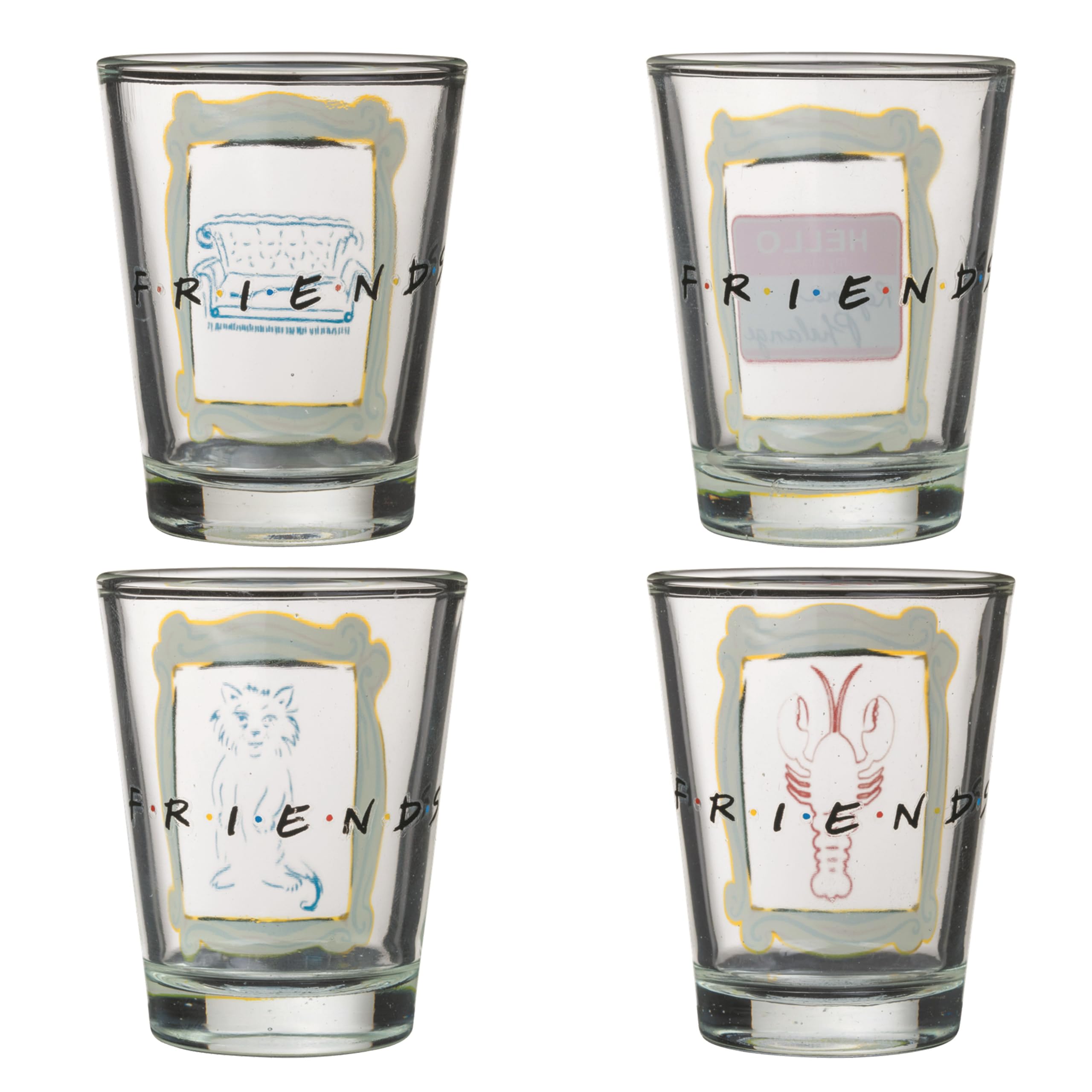 Friends TV Show Mini Glasses 4-Pack – Iconic Lobster, Smelly Cat, Regina Phalange & Central Perk Couch Designs in Yellow Frame (1.5 oz) – Perfect for Themed Parties, Collectibles & Fan Gifts