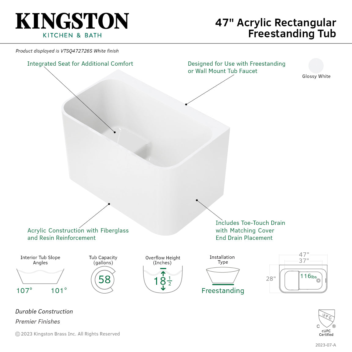 Aqua Eden 47 Inch Acrylic Freestanding Bathtub - Glossy White Rectangular Soaking Tub with Drain & Built-in Seat | Double Ended Design for Spa-Like Relaxation in Master Bathroom