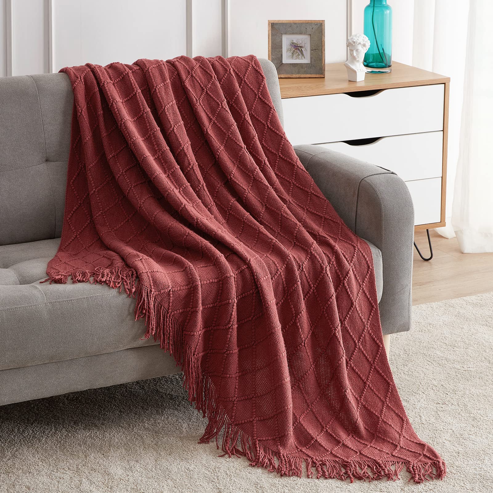 BOURINA Burgundy Throw Blanket 50x60 Inches - Soft Textured Knit Blanket for Sofa, Couch, Bed - Cozy Decorative Blanket for Living Room, Bedroom, Office & Travel