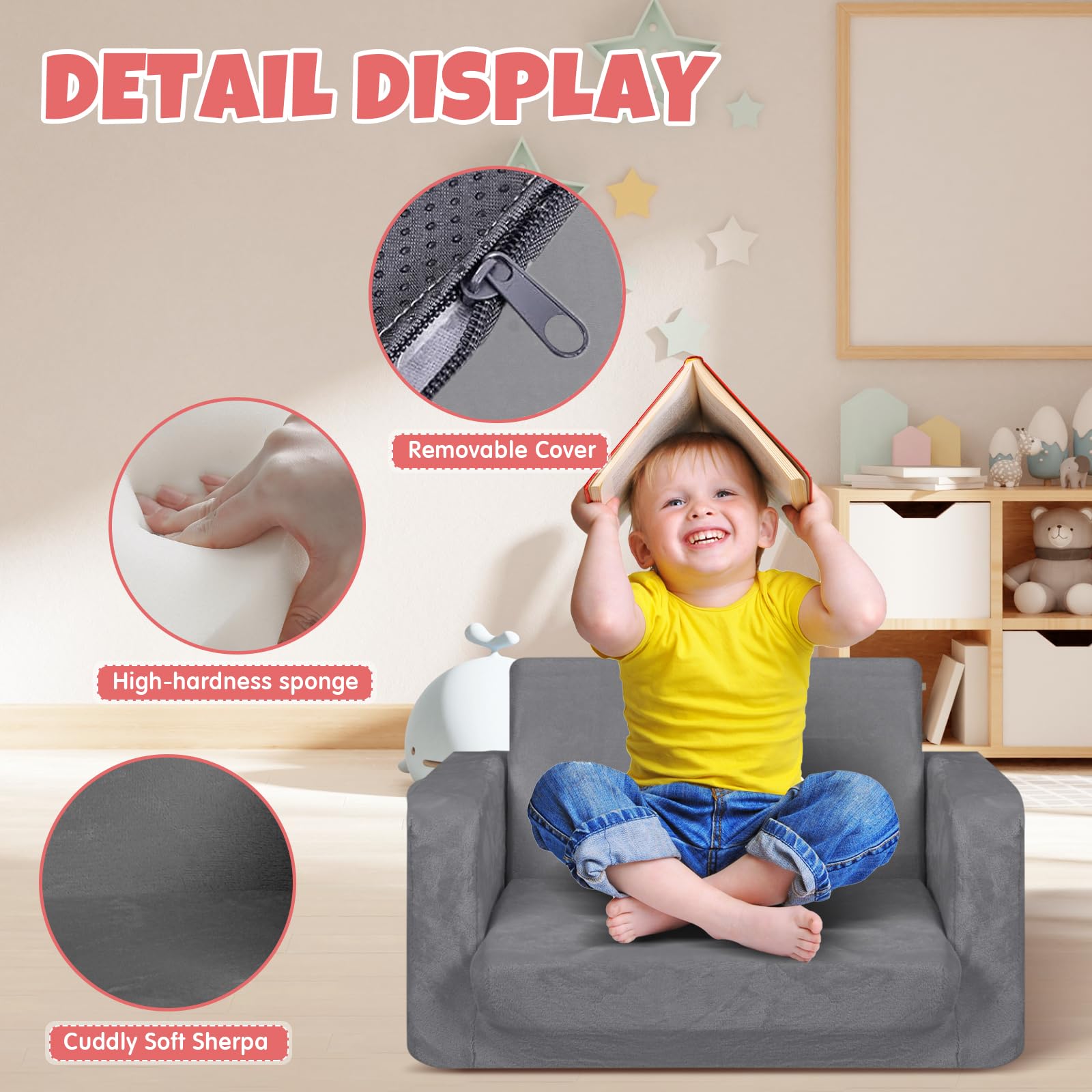 **2-in-1 Toddler Couch & Play Sofa - Soft Sherpa Kids Sofa with Glow-in-The-Dark & Cute Patterns - Foldable Design for Boys & Girls - Perfect Gift for Kids - Ideal for Playrooms, Bedrooms & Movie Nights**